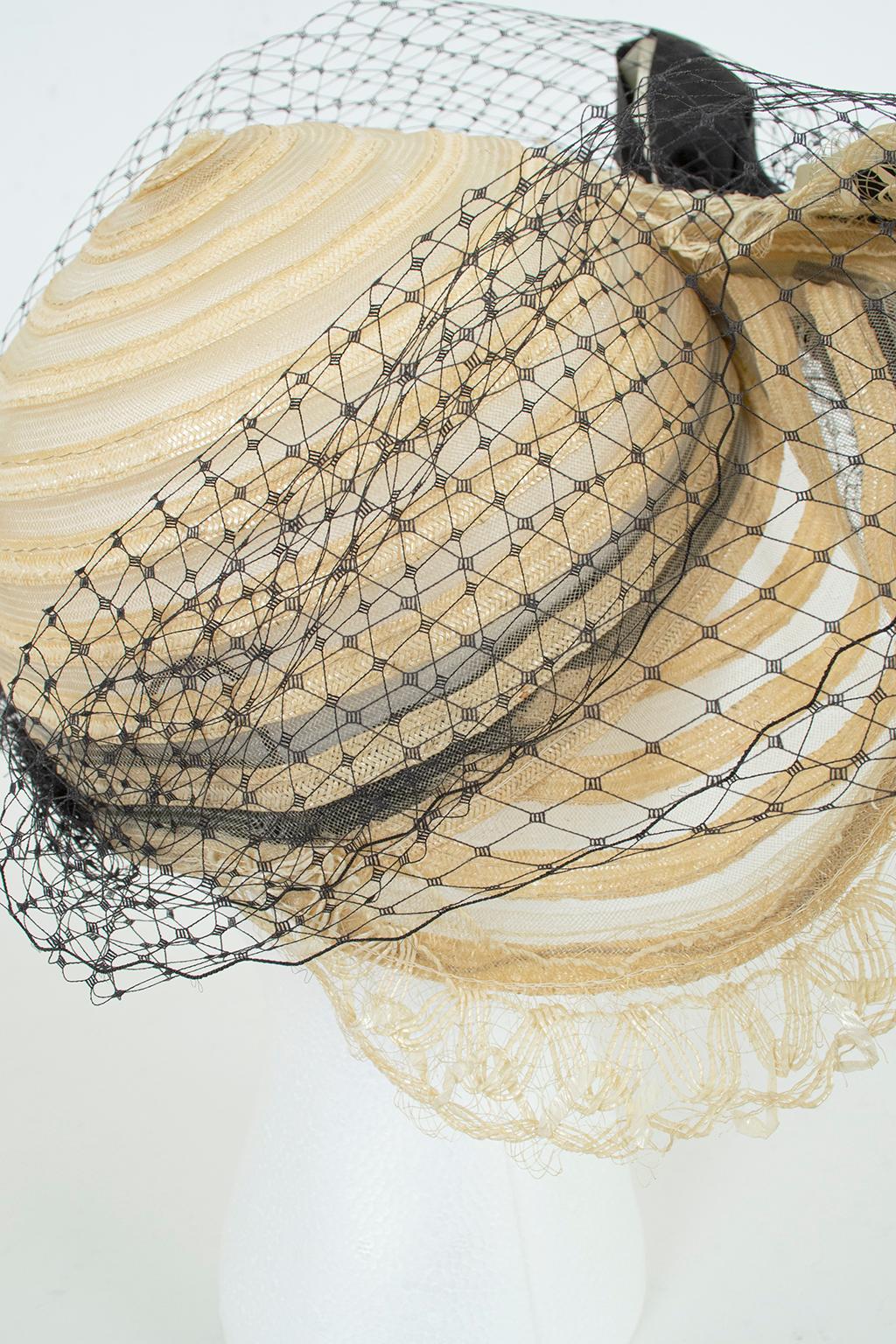 Transparent Ivory Ribbon and Mesh Gatsby Bonnet Hat w Caged Veil Bow – M, 1930s 2
