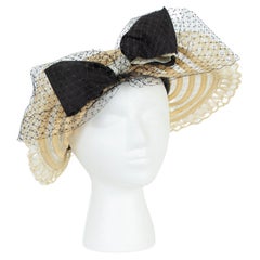 Transparent Ivory Ribbon and Mesh Gatsby Bonnet Hat w Caged Veil Bow – M, 1930s