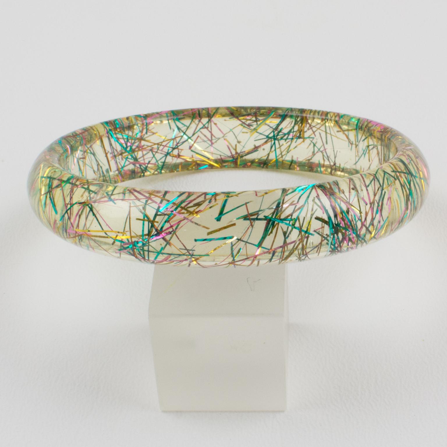 Modern Transparent Lucite Bracelet Bangle with Multicolor Metallic Thread Inclusions For Sale