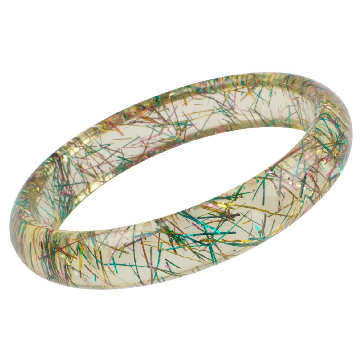 Transparent Lucite Bracelet Bangle with Multicolor Metallic Thread Inclusions For Sale