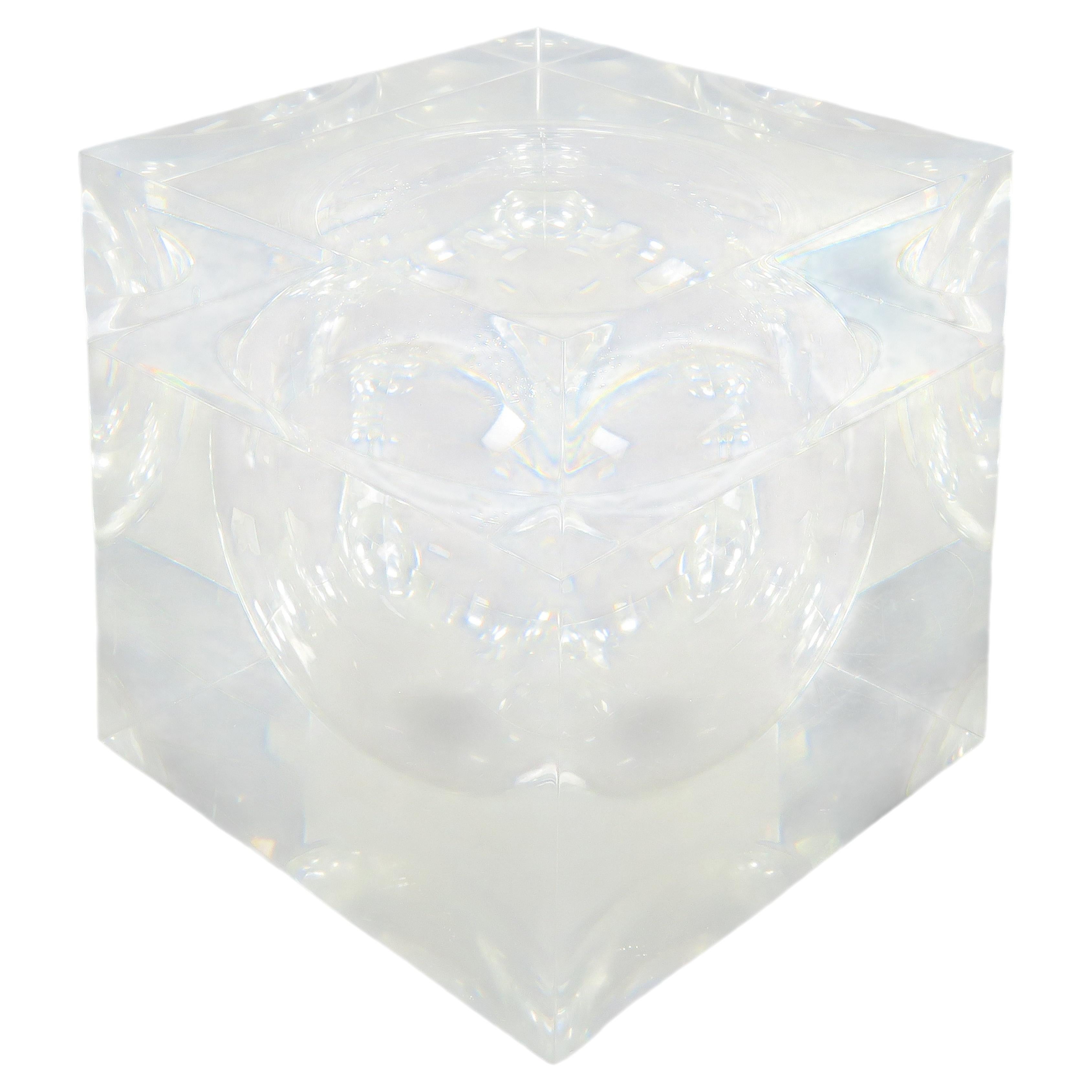 Transparent methacrylate cube-shaped box with an inner sphere For Sale