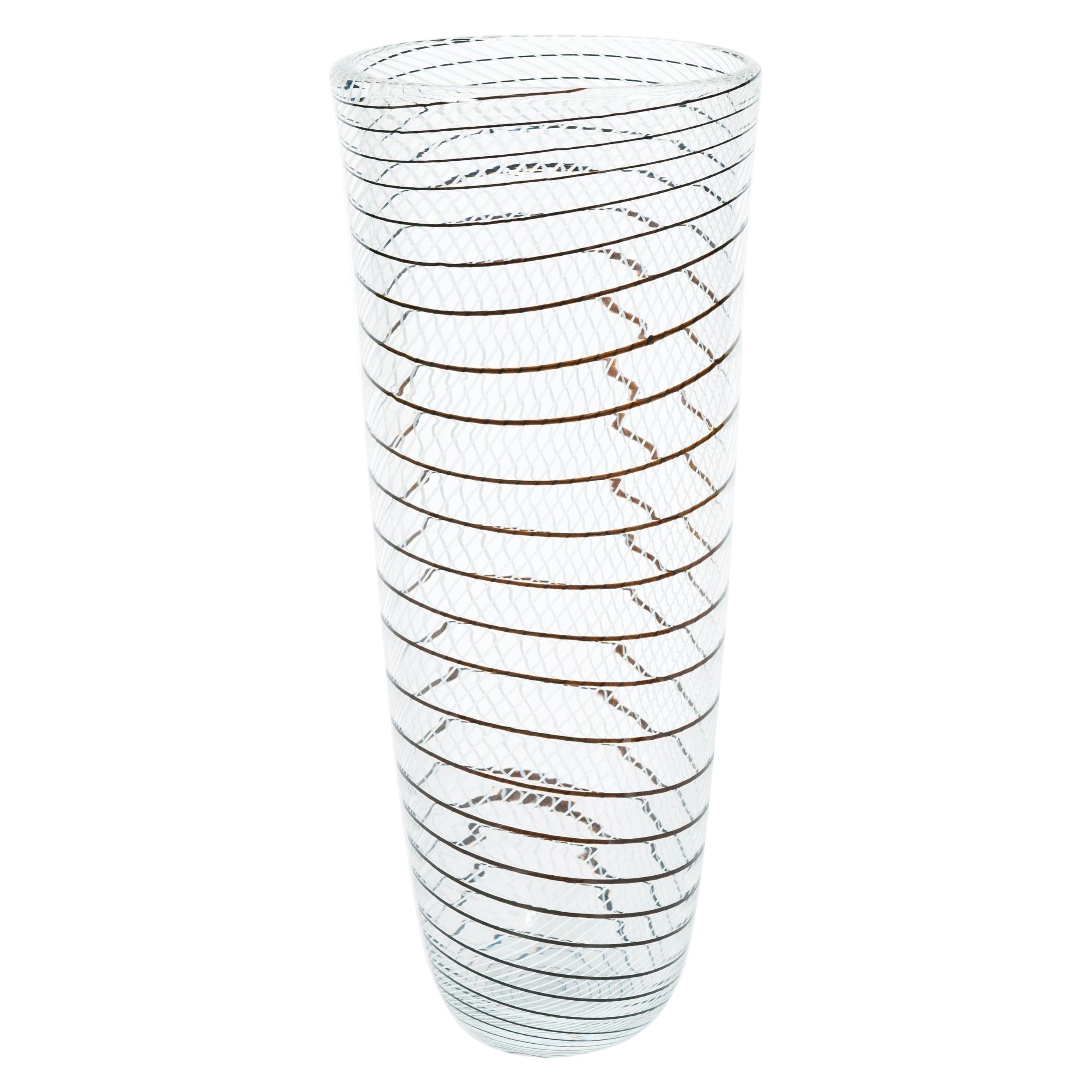 Transparent Murano Glass Artistic Vase with Black and White Patterns, 1990s For Sale