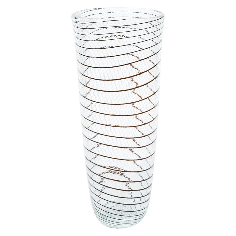 Transparent Murano Glass Artistic Vase with Black and White Patterns