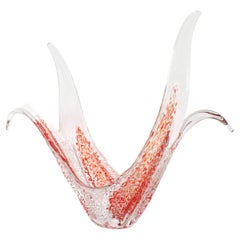 Vaso da centrotavola organico in vetro di Murano trasparente con macchie bianche e arancioni