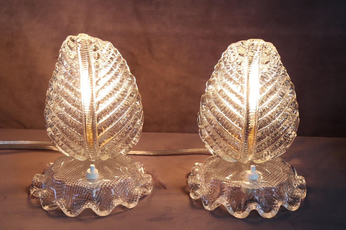 Italian Transparent Murano Glass Pair of Table Lamps, Barovier & Toso 1950s