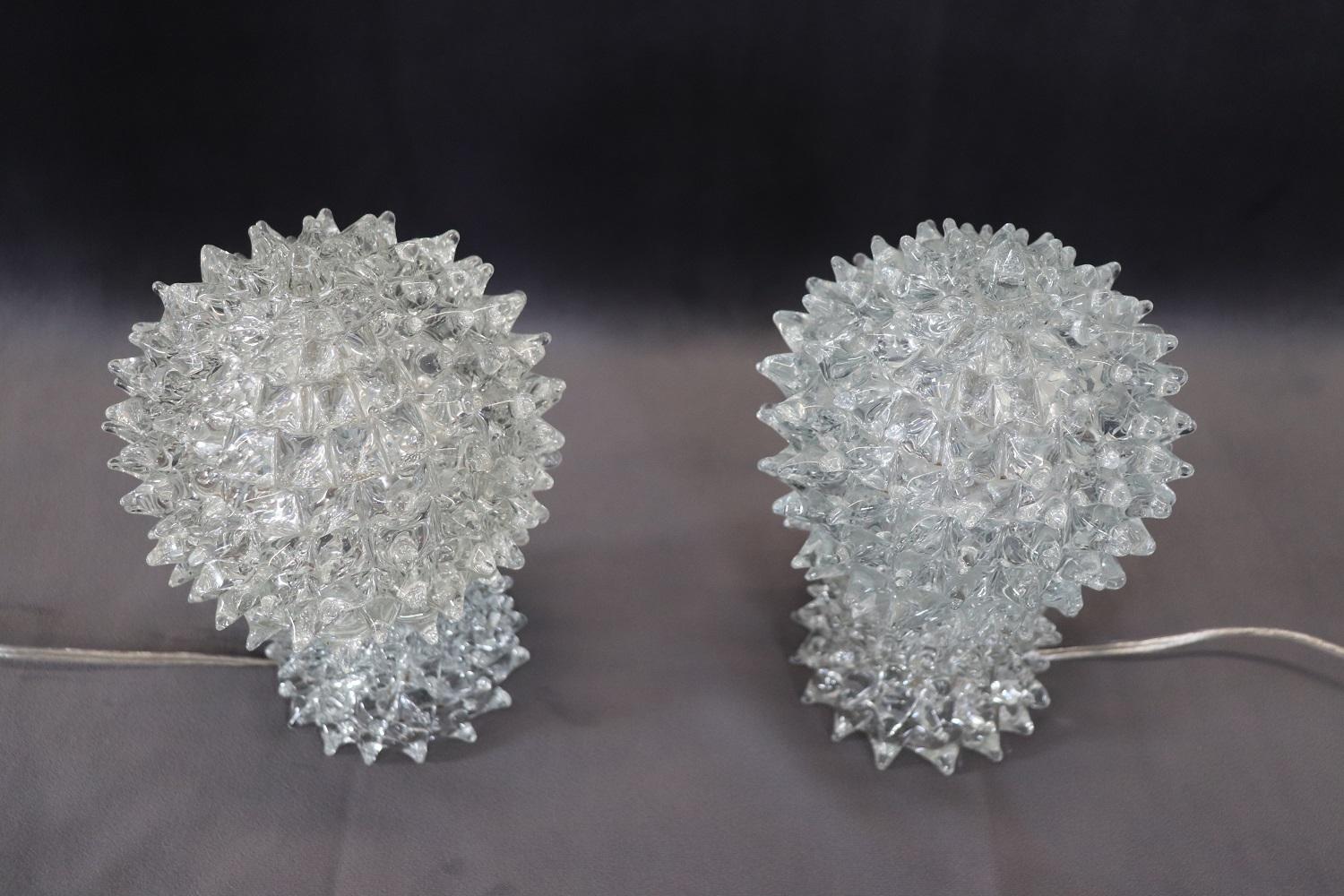 Italian Transparent Murano Glass Pair of Table Lamps by Barovier & Toso, 1940s