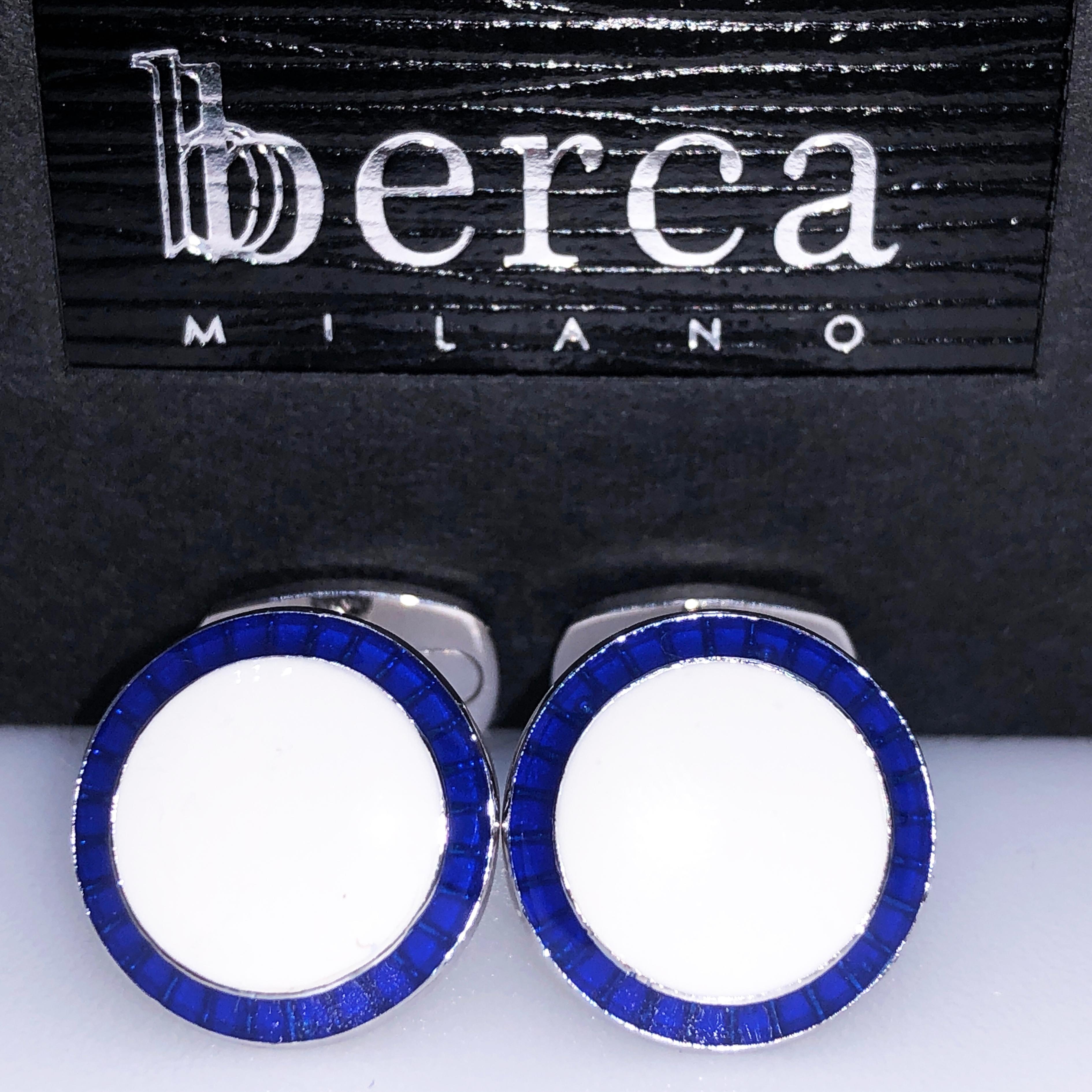 Chic yet Timeless Round White, Transparent Navy Blue Border Hand Enamelled Sterling Silver Cufflinks, T-bar back.

In our Smart Black Box and Pouch.

Front Diameter about 0.633 inches.