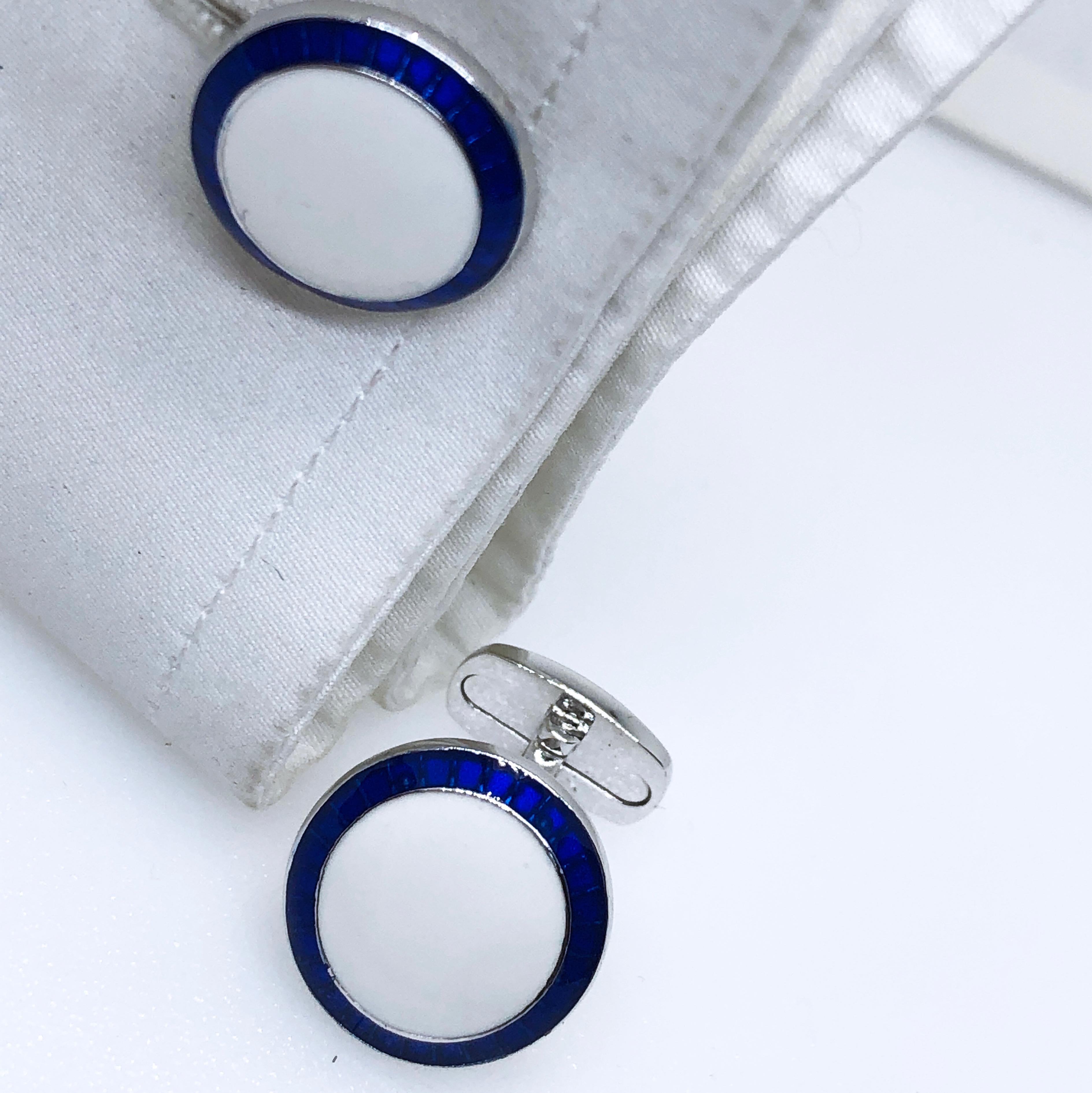 De los hombres Gemelos de plata de ley con barra en T esmaltada a mano en azul marino y blanco Berca en venta