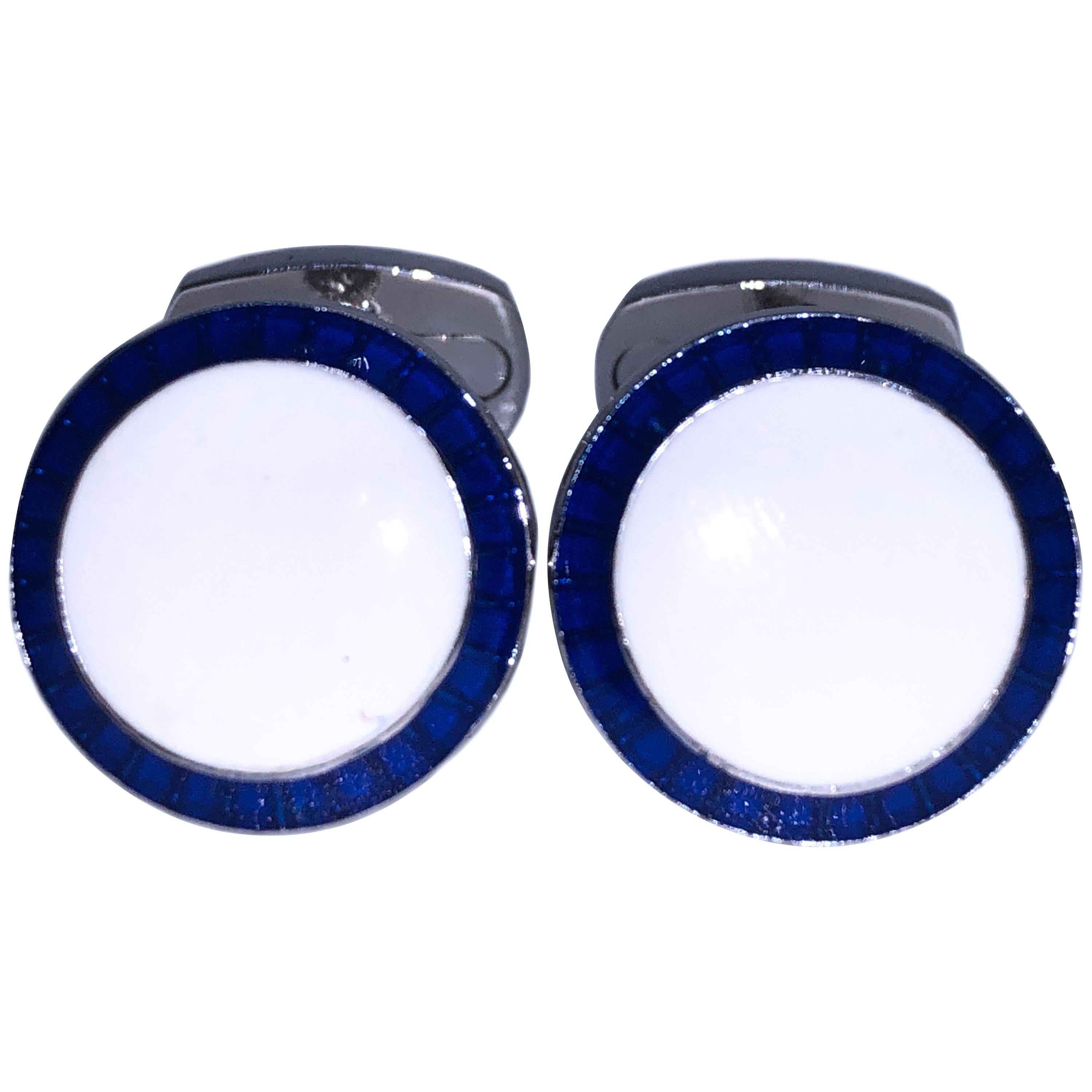 Berca Navy Blue White Hand Enameled T-Bar Back Sterling Silver Cufflinks