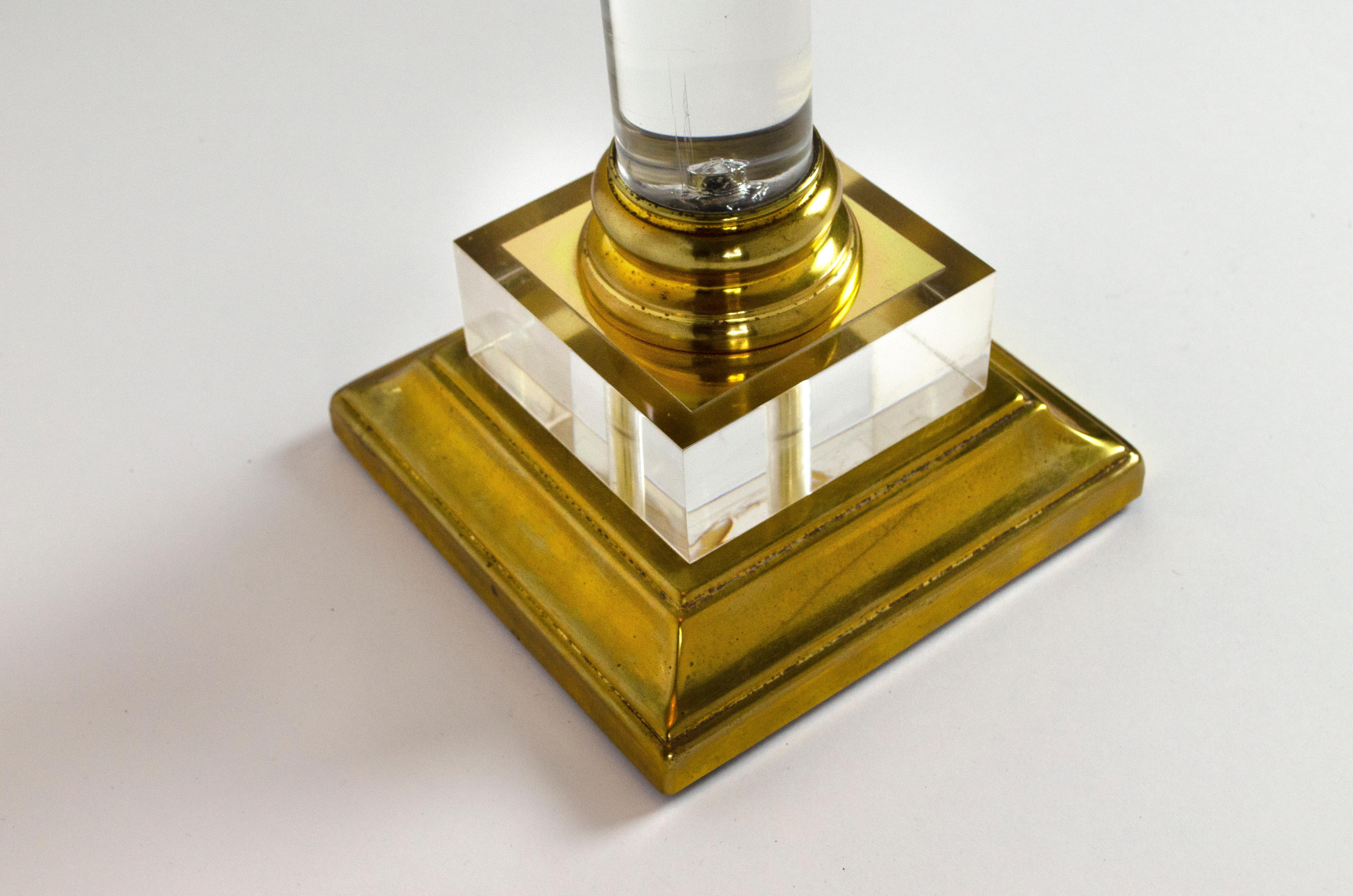 Hollywood Regency Transparent Plexiglass Golden Brass Table Lamps Customizable Shades, Italy 1970s