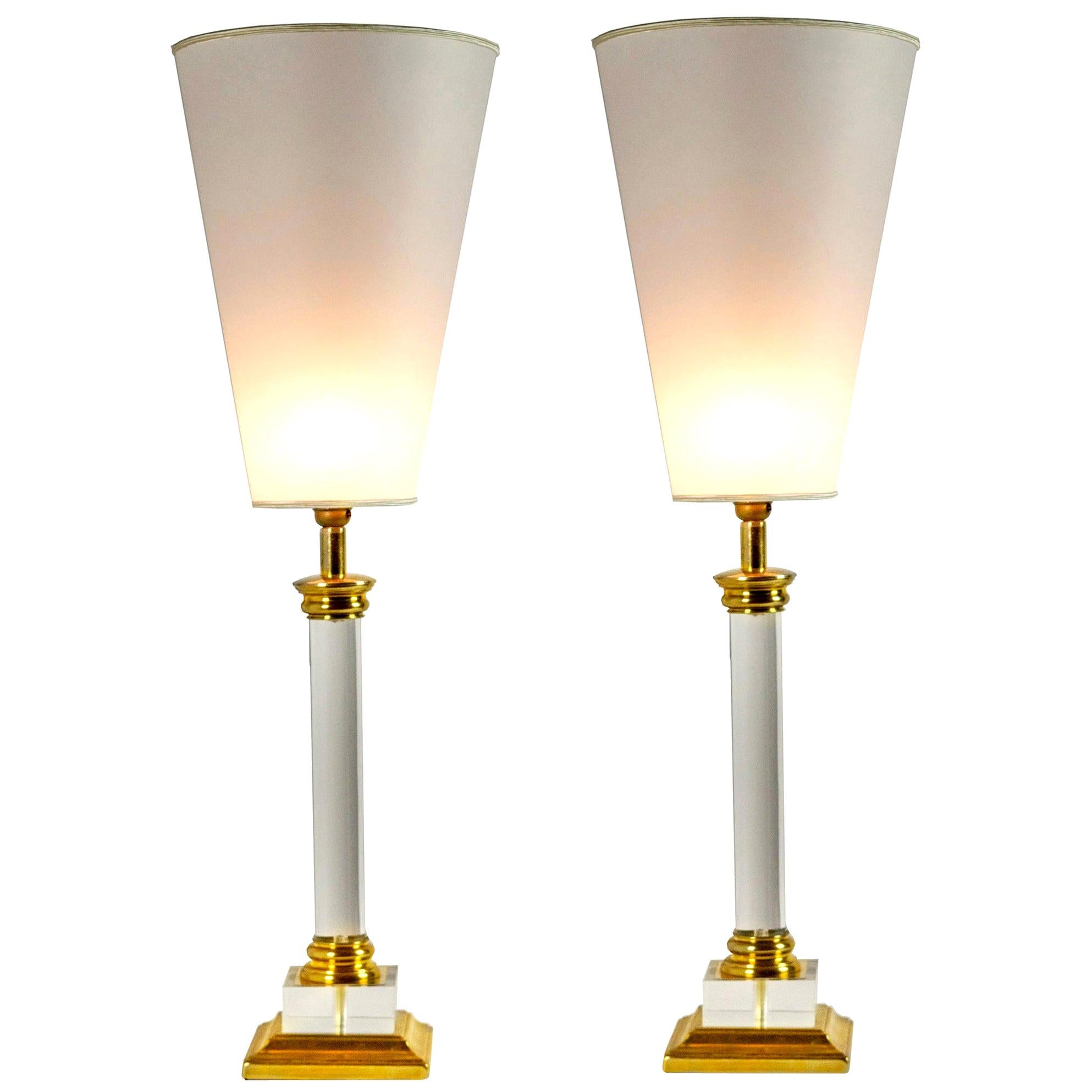 Transparent Plexiglass Golden Brass Table Lamps Customizable Shades, Italy 1970s