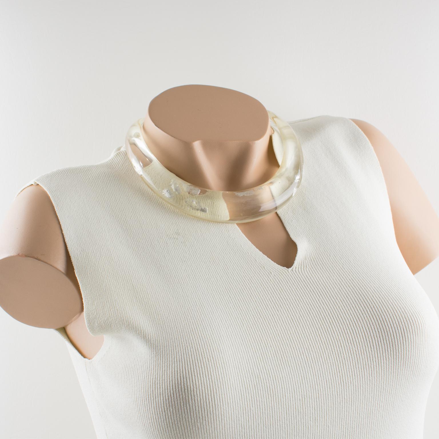 Modernist Transparent Resin Rigid Collar Necklace with Silver Flakes Inclusions For Sale