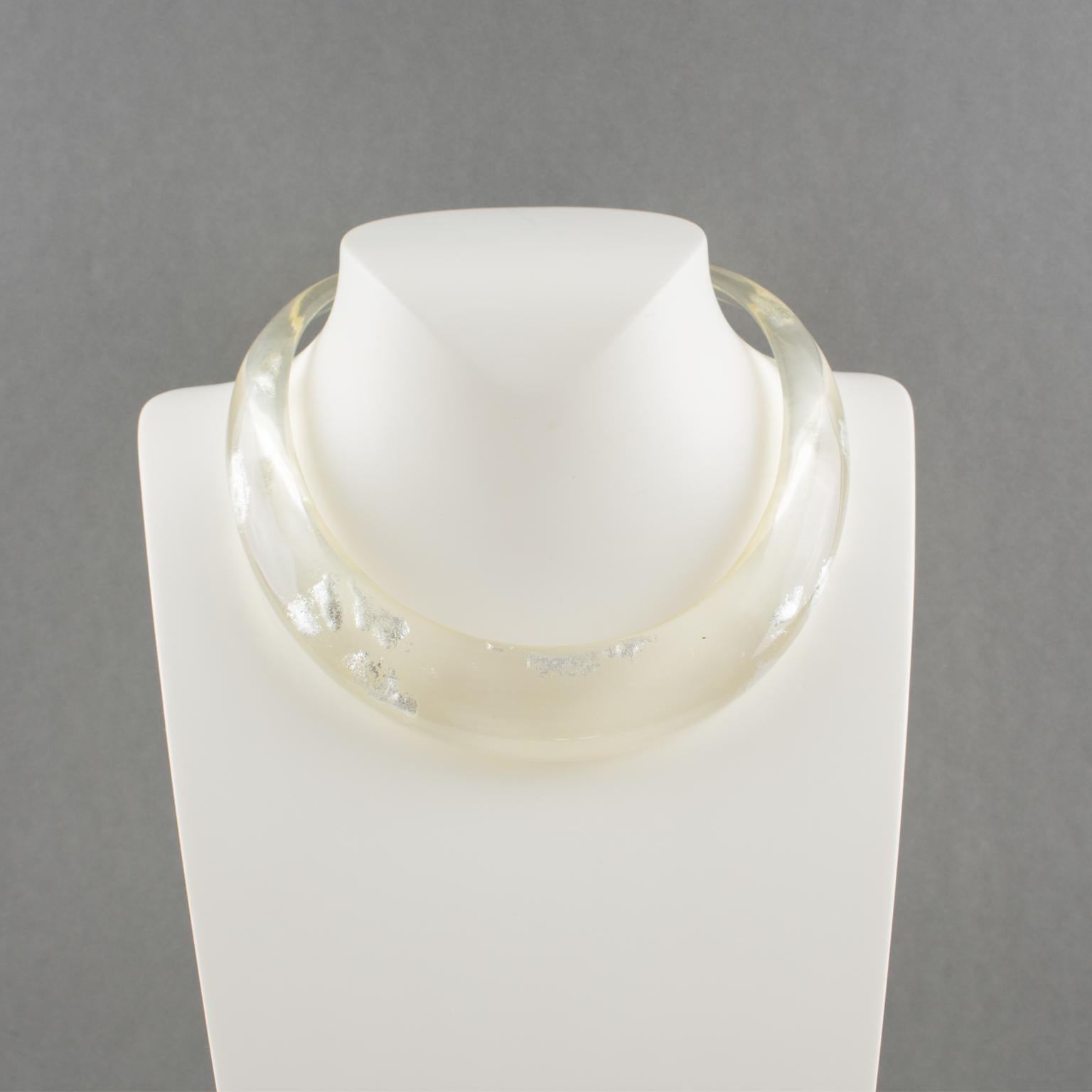 Transparent Resin Rigid Collar Necklace with Silver Flakes Inclusions In Excellent Condition For Sale In Atlanta, GA