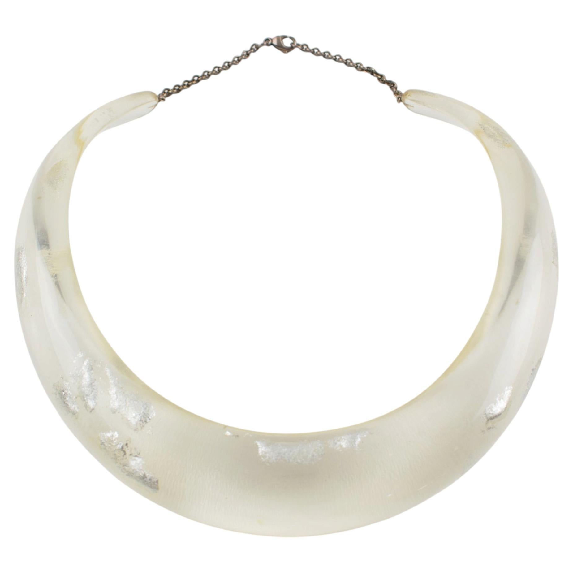 Transparent Resin Rigid Collar Necklace with Silver Flakes Inclusions For Sale