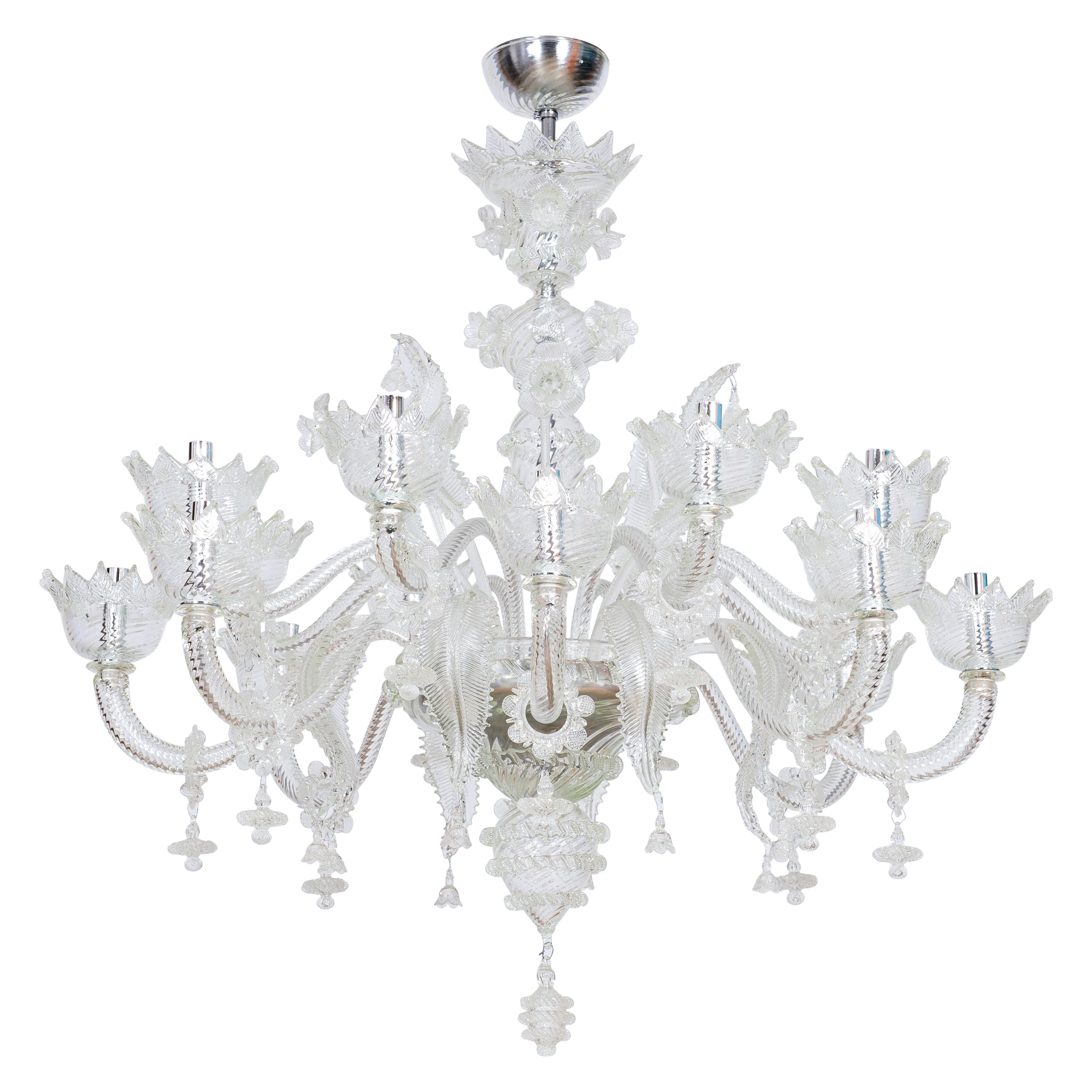 Lampadario trasparente in vetro veneziano di Murano a 16 luci, 21° secolo