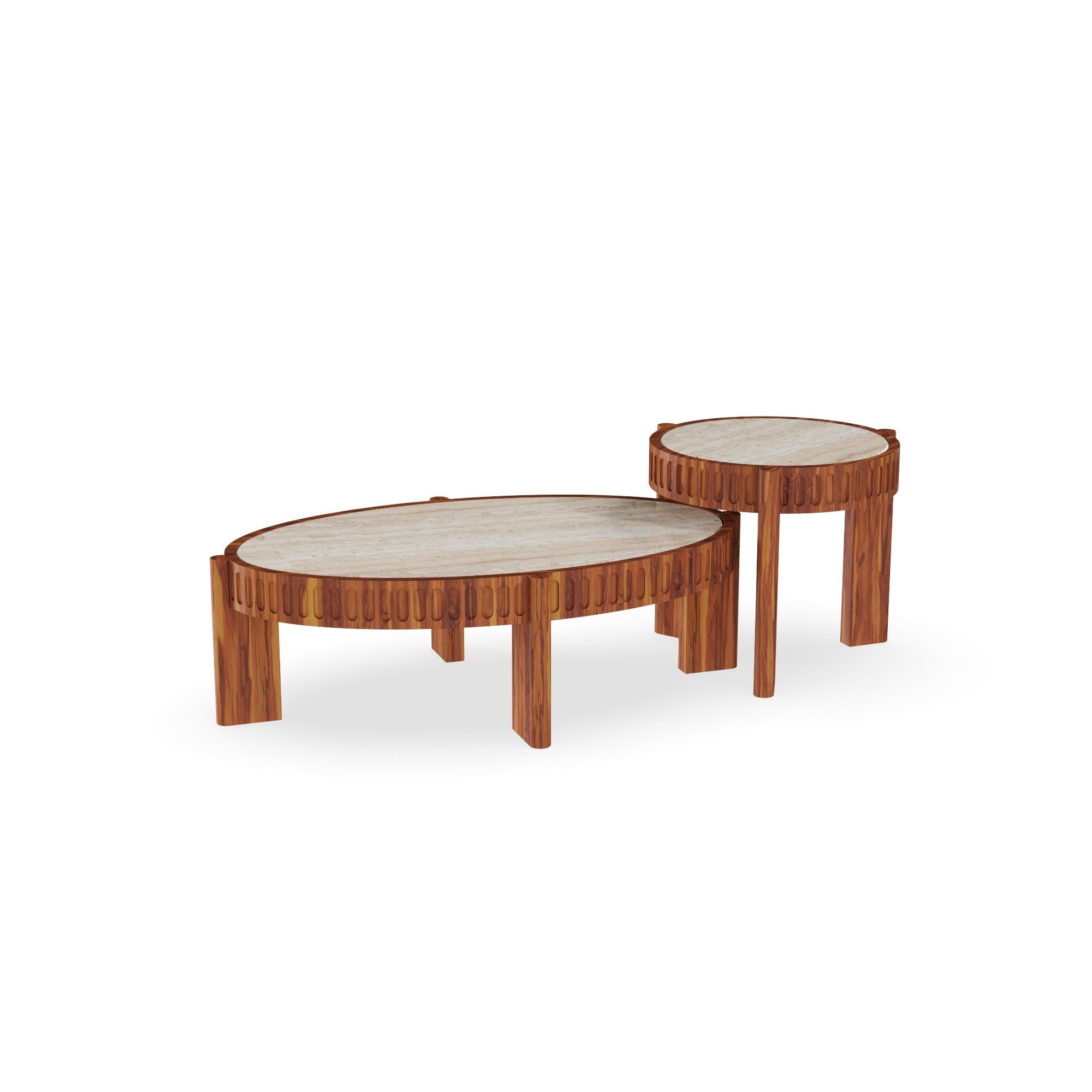 Moderno Trapani Outdoor Modular Table - Versatile Design with Travertine & Ribbed Iroko in vendita