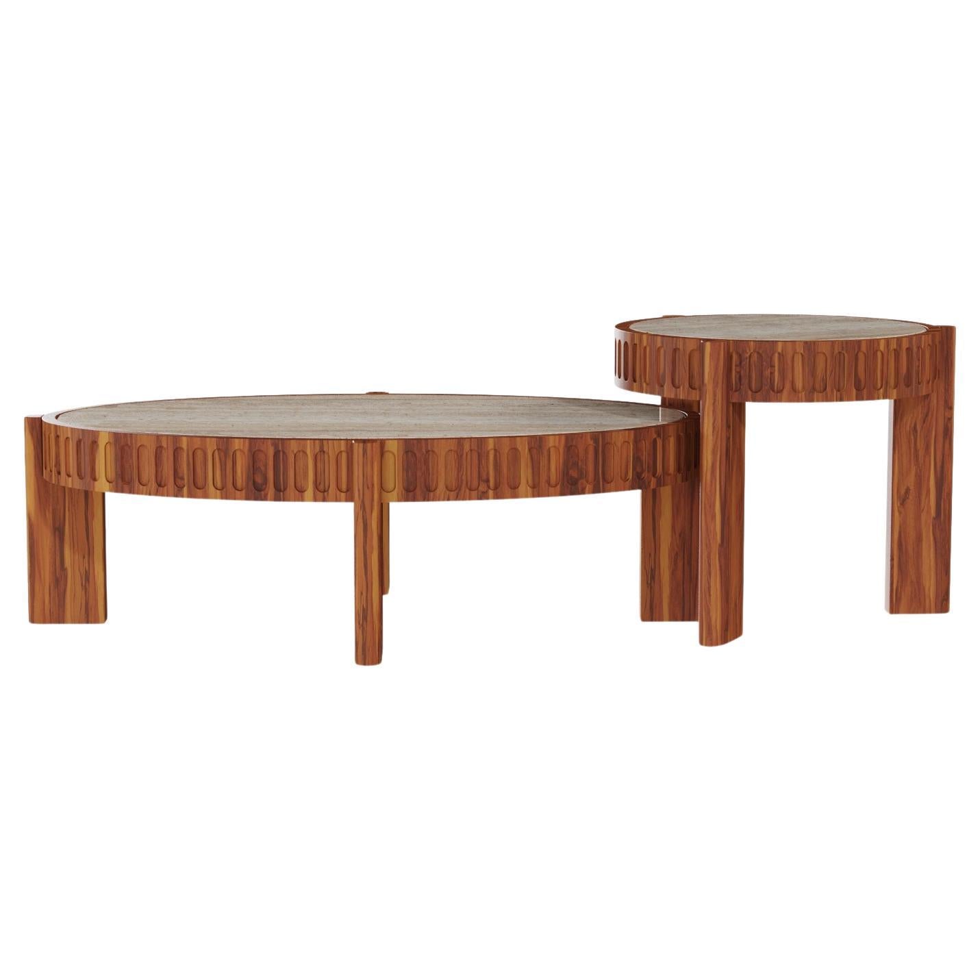 Trapani Outdoor Modular Table - Versatile Design with Travertine 
Ribbed Iroko