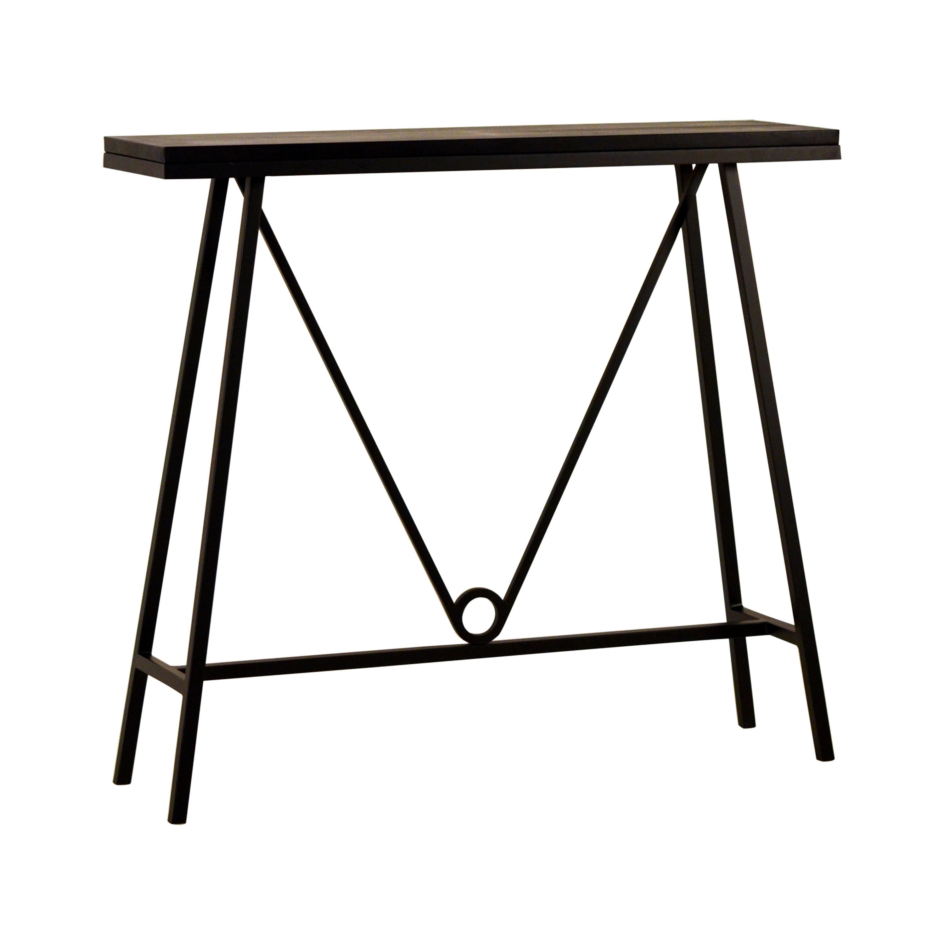 'Trapèze' Blackened Steel and Goatskin Console by Design Frères