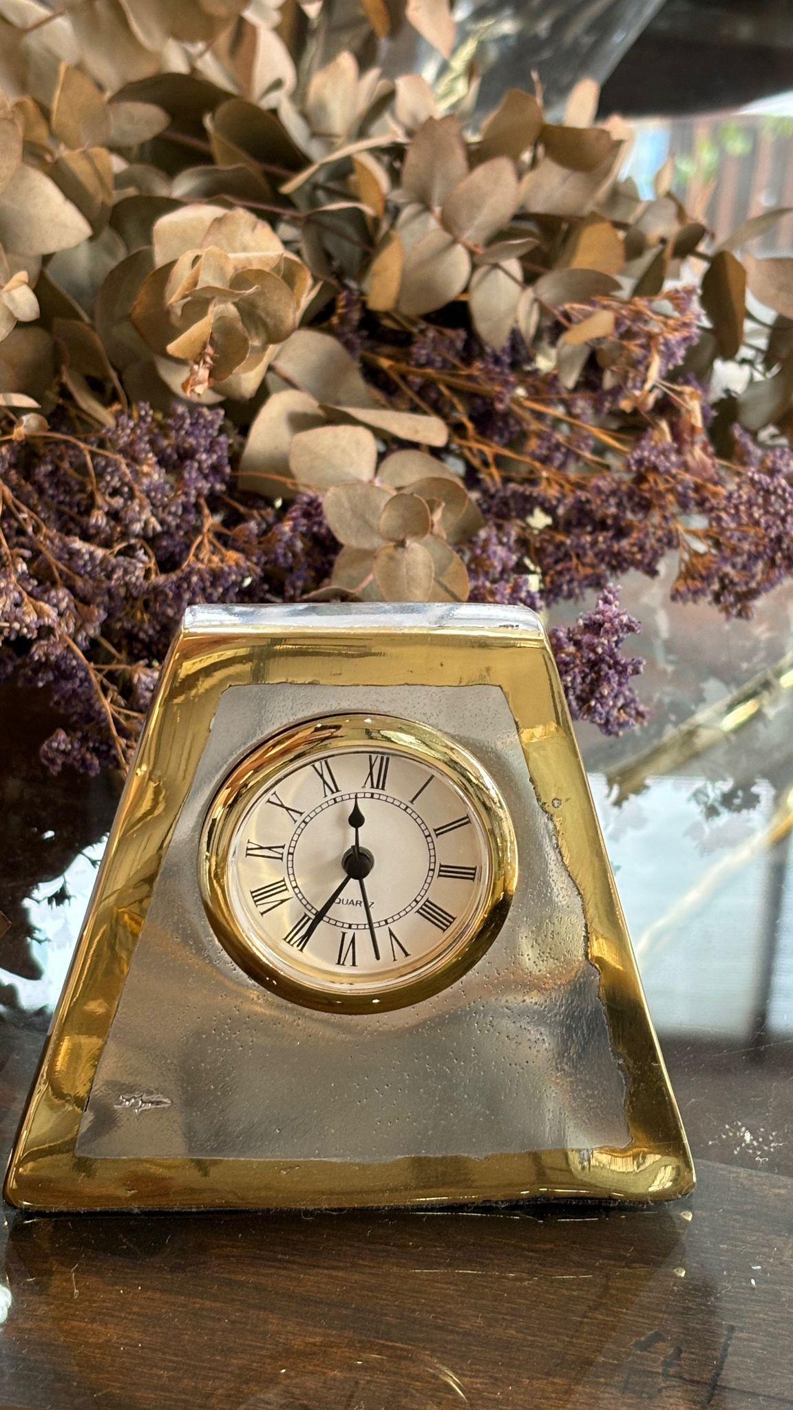 Brutalist Trapeze Clock D013 handmade in cast brass & aluminium For Sale
