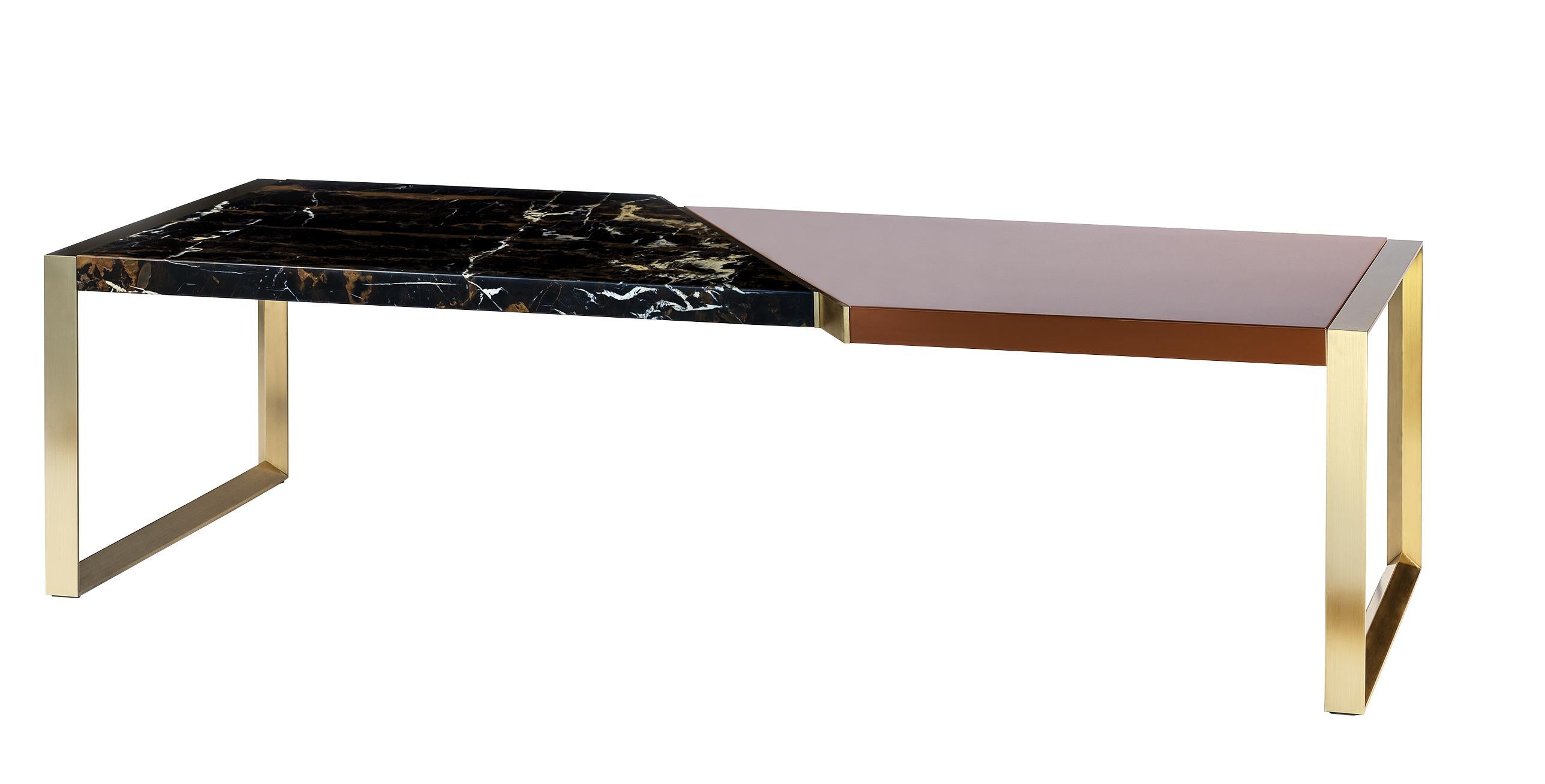 Other Trapeze Coffee Table with Lacquered Wood, Black and Gold Marble, Brass For Sale