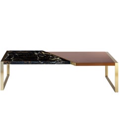 Trapeze Coffee Table with Lacquered Wood, Black and Gold Marble, Brass