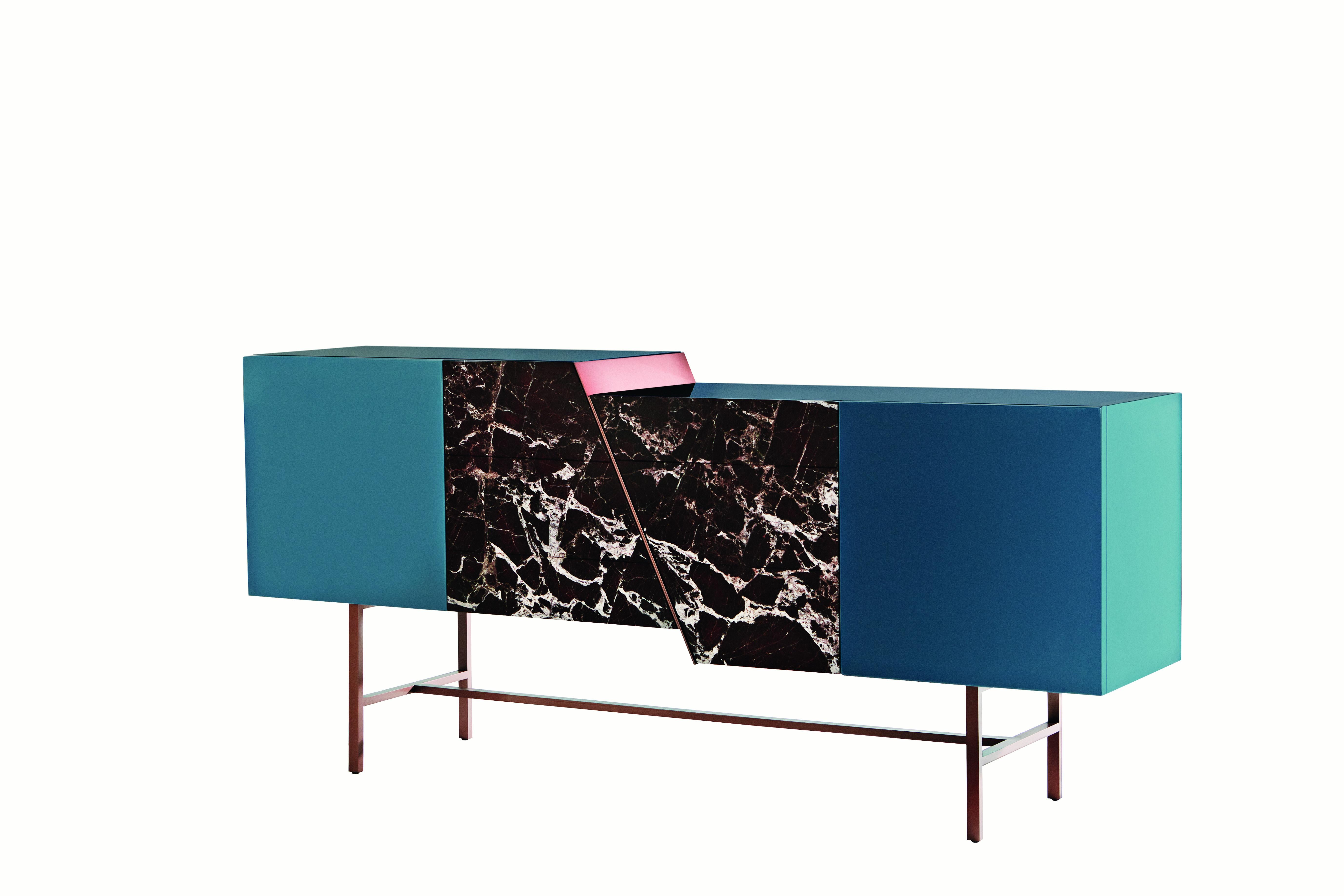 Trapeze sideboard by Hagit Pincovici
Dimensions: 225 L x 50 W x 120 H
Materials: Lacquered wood, Rosso Lepanto Marble, Copper finish

Hagit Pincovici founded her eponymous bespoke luxury furniture and lighting atelier in 2014. Known in her