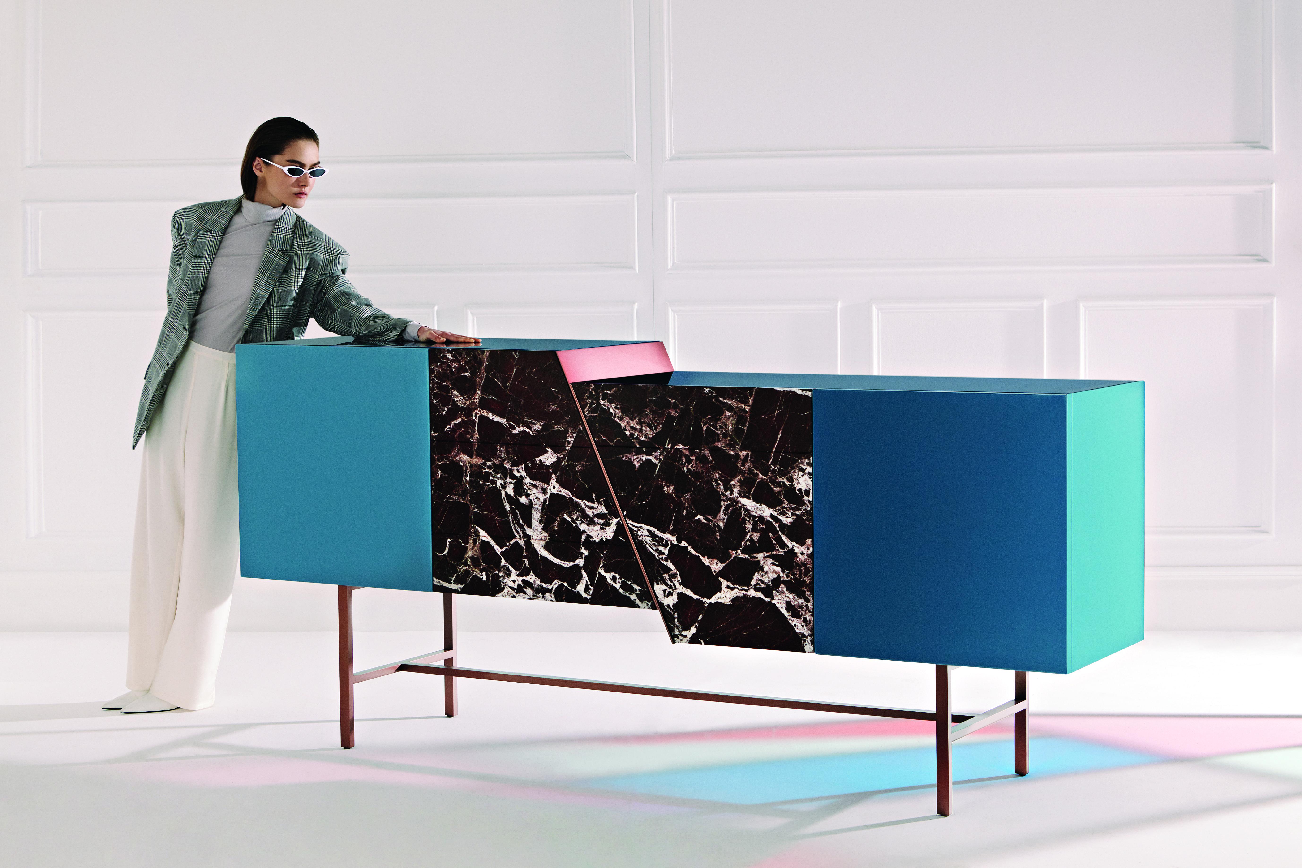 Italian Trapeze Sideboard with Lacquered Wood, Rosso Lepanto Marble and Copper Finish For Sale