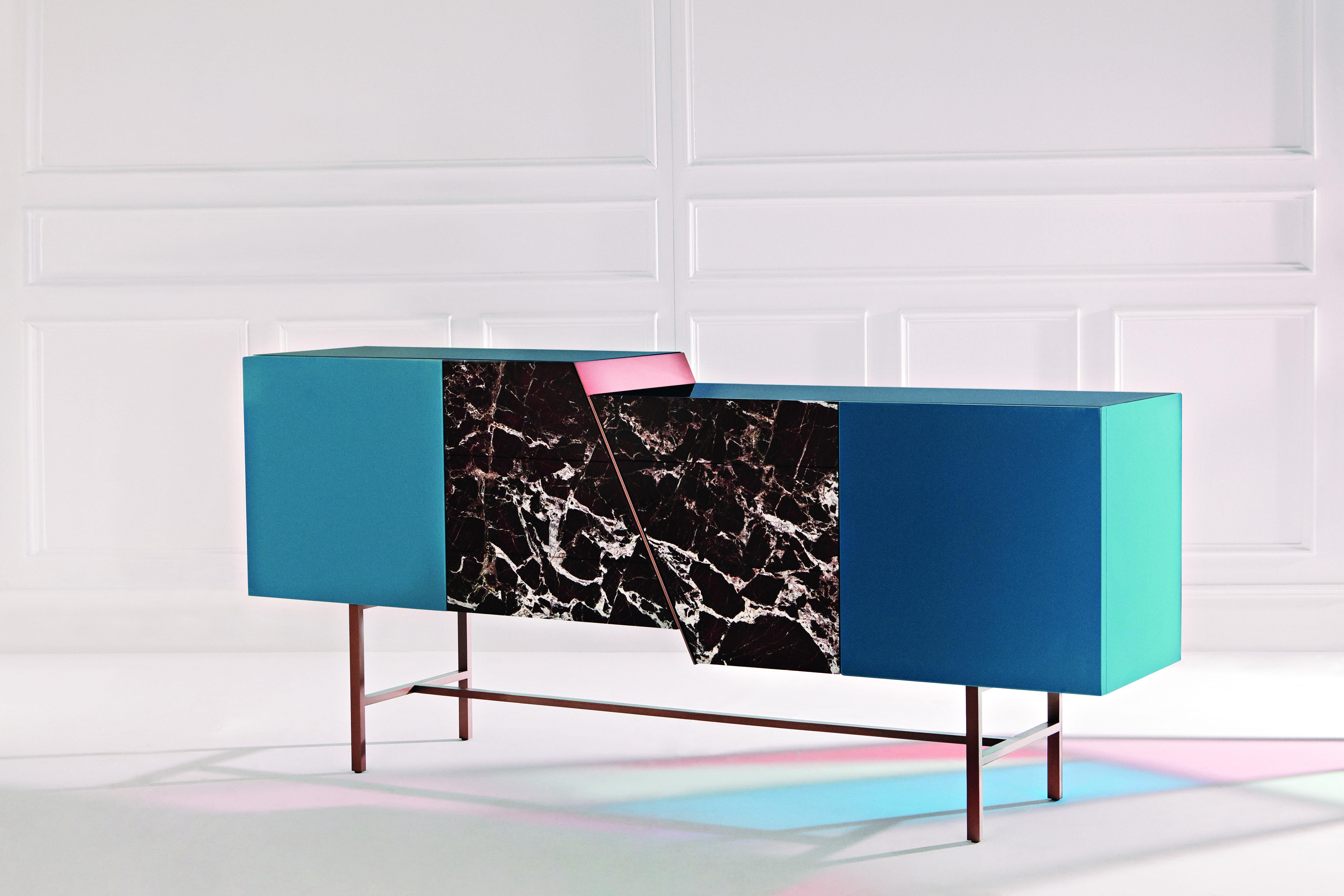 Trapeze Sideboard with Lacquered Wood, Rosso Lepanto Marble and Copper Finish In New Condition For Sale In Firenze, IT