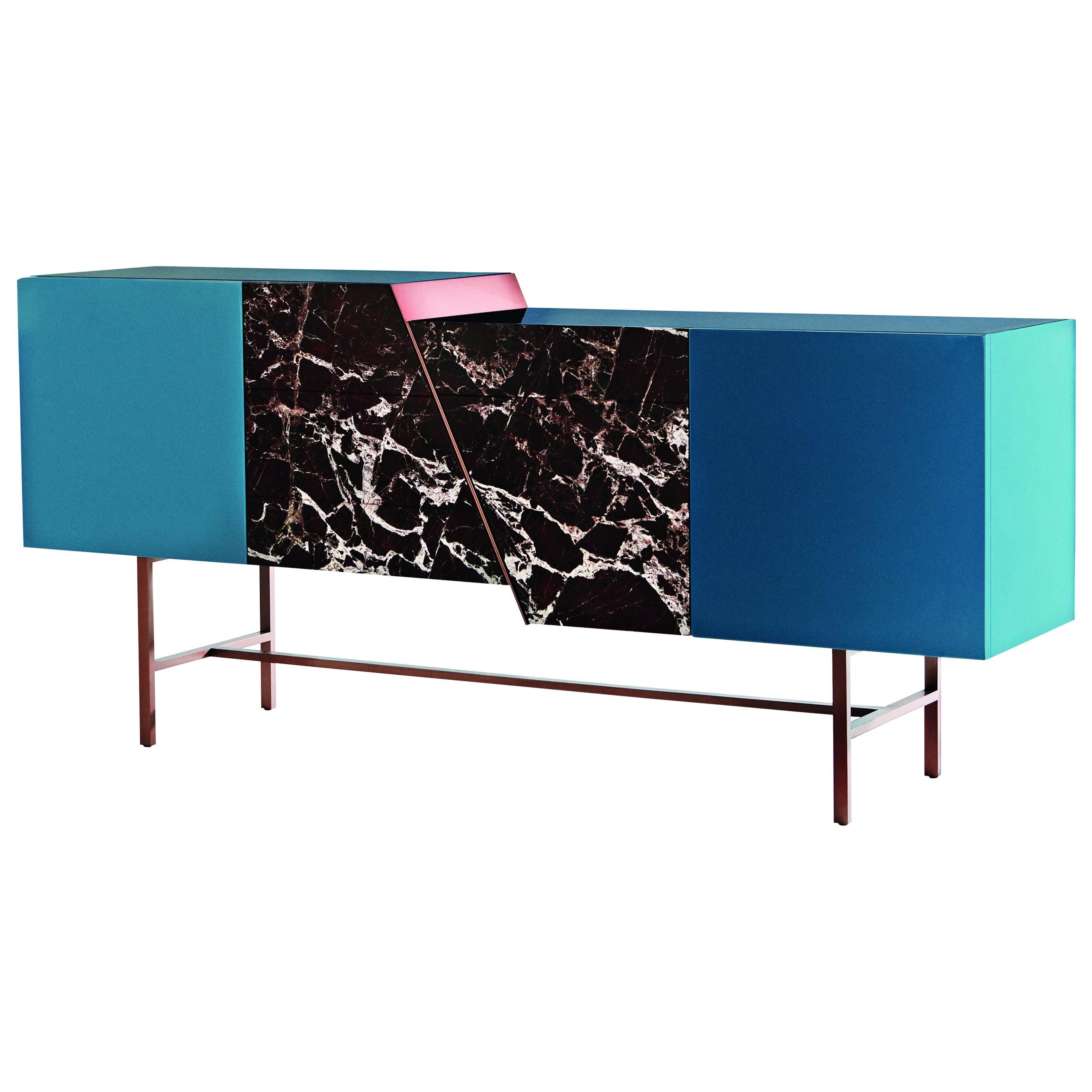 Trapeze Sideboard with Lacquered Wood, Rosso Lepanto Marble and Copper Finish For Sale
