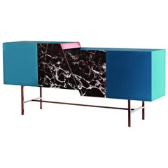 Trapeze Sideboard with Lacquered Wood, Rosso Lepanto Marble and Copper Finish