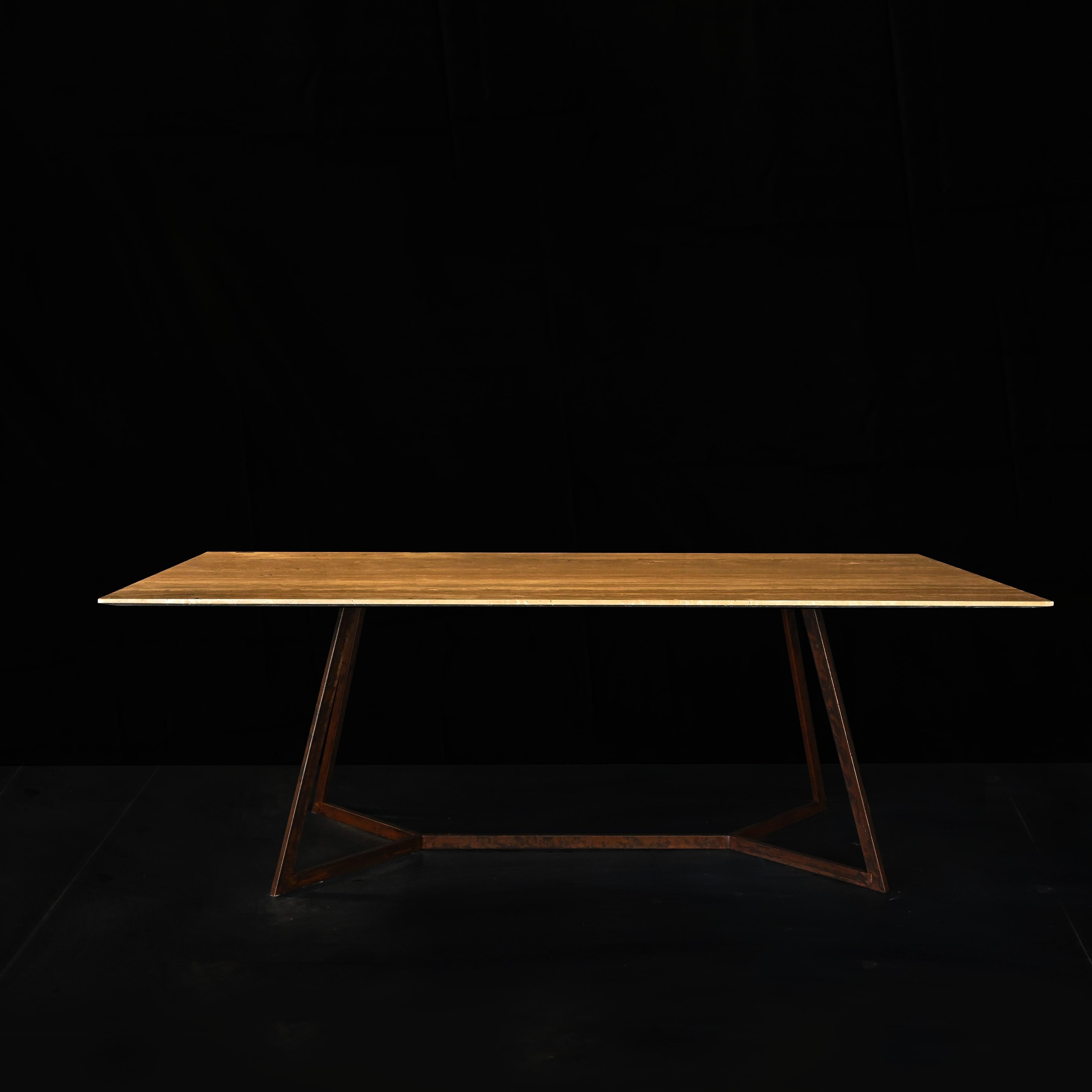 Steel Trapeze Tr4 - Travertine Dining Table and Corten steel By DFdesignlab  For Sale