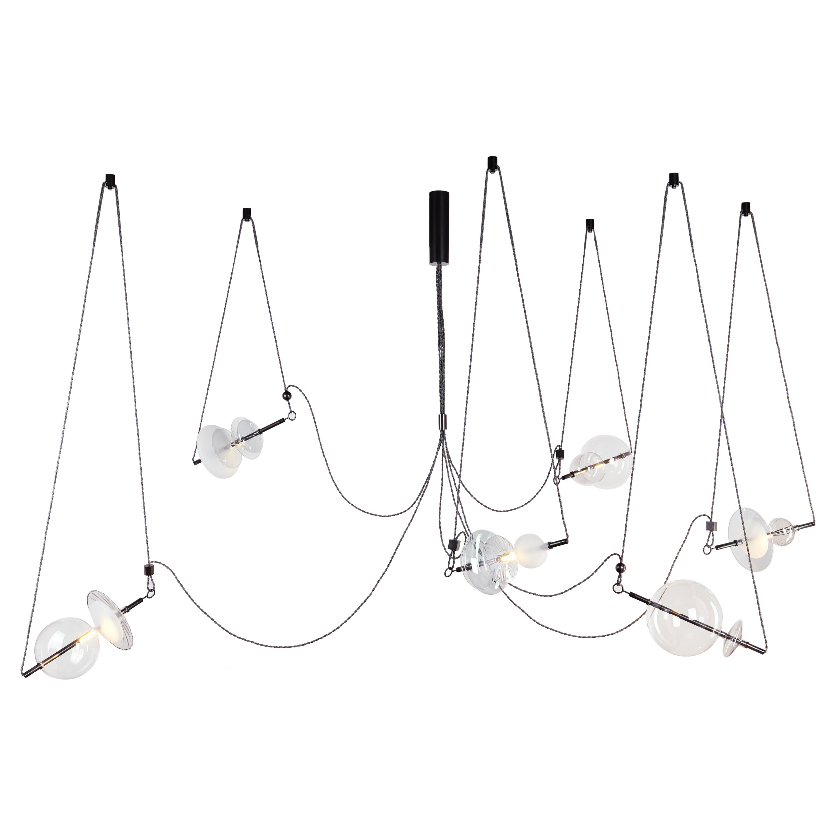Lampadario contemporaneo Trapezi Black a sei luci in ottone scuro e vetro soffiato