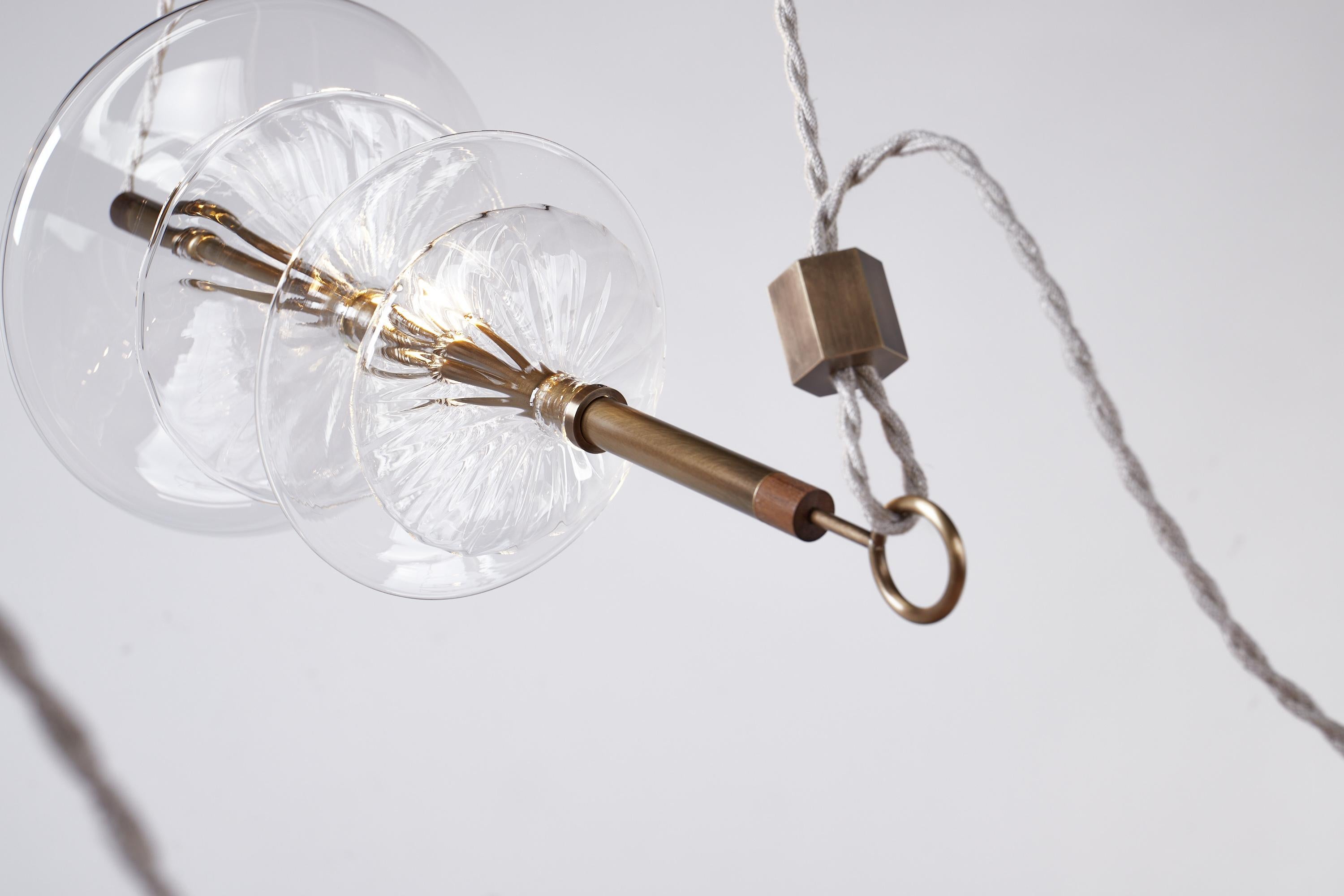Organic Modern Trapezi Five Lights Aged Brass Contemporary Pendant / Chandelier, Blown Glass For Sale