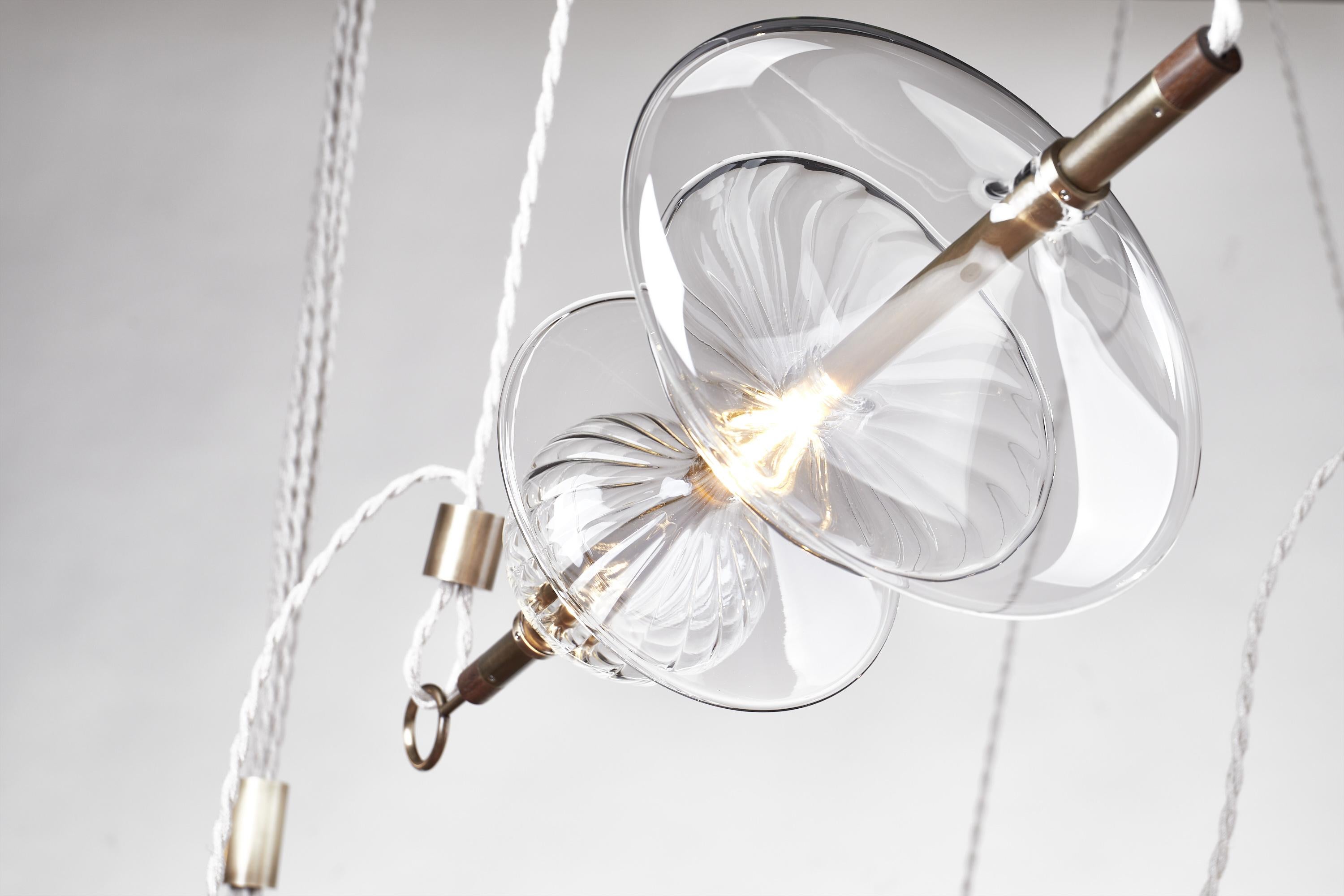 Italian Trapezi Five Lights Aged Brass Contemporary Pendant / Chandelier, Blown Glass For Sale