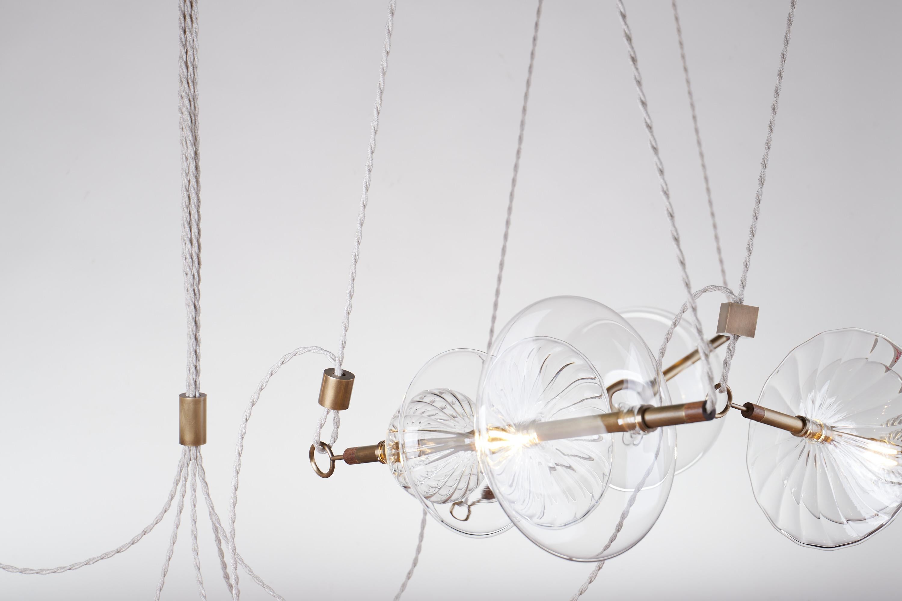 Trapezi Five Lights Aged Brass Contemporary Pendant / Chandelier, Blown Glass In New Condition For Sale In Reggio Emilia, IT