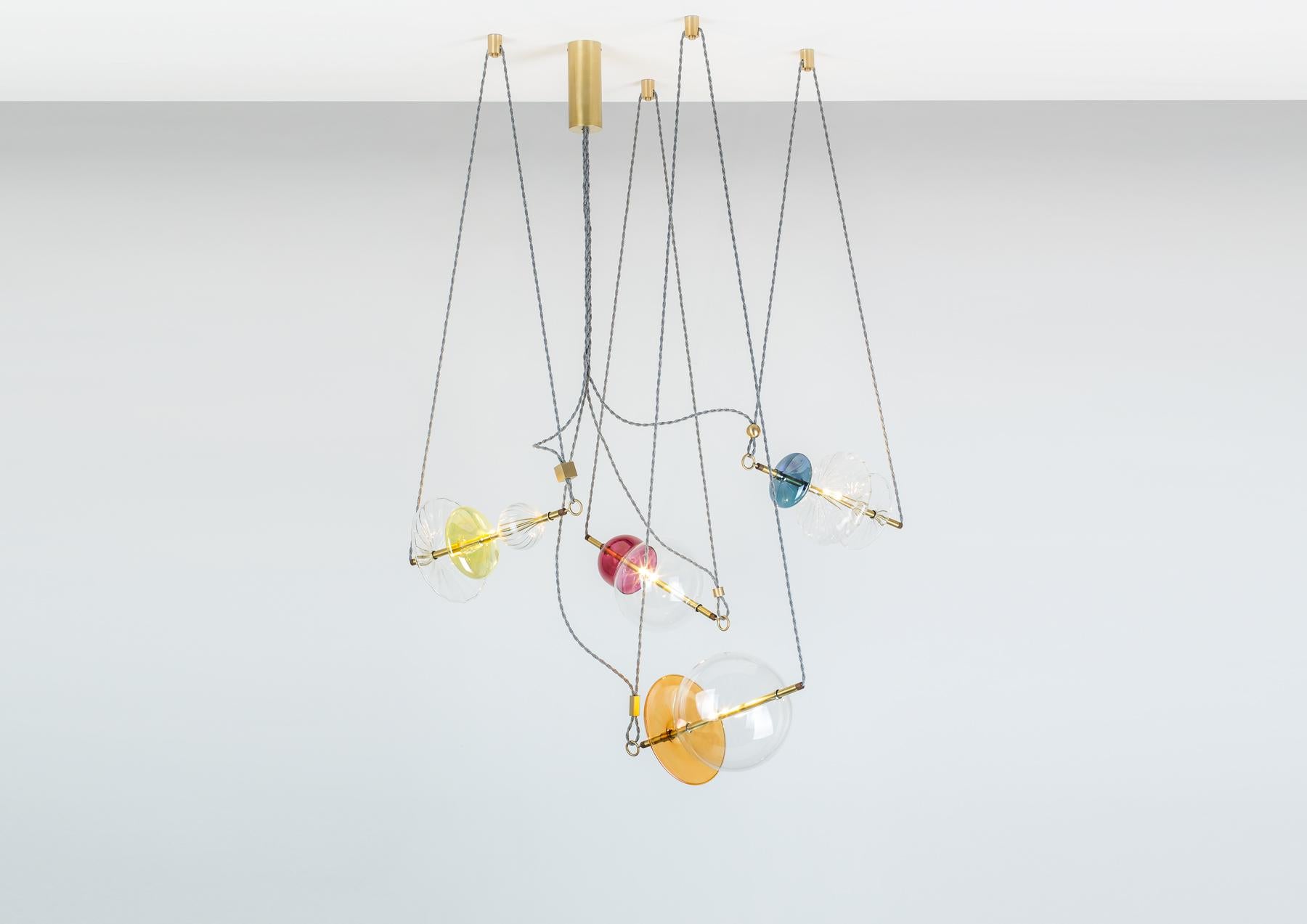 Trapezi Four Lights Pendant/Chandelier Polished Brass Colorful Handblown Glass 4