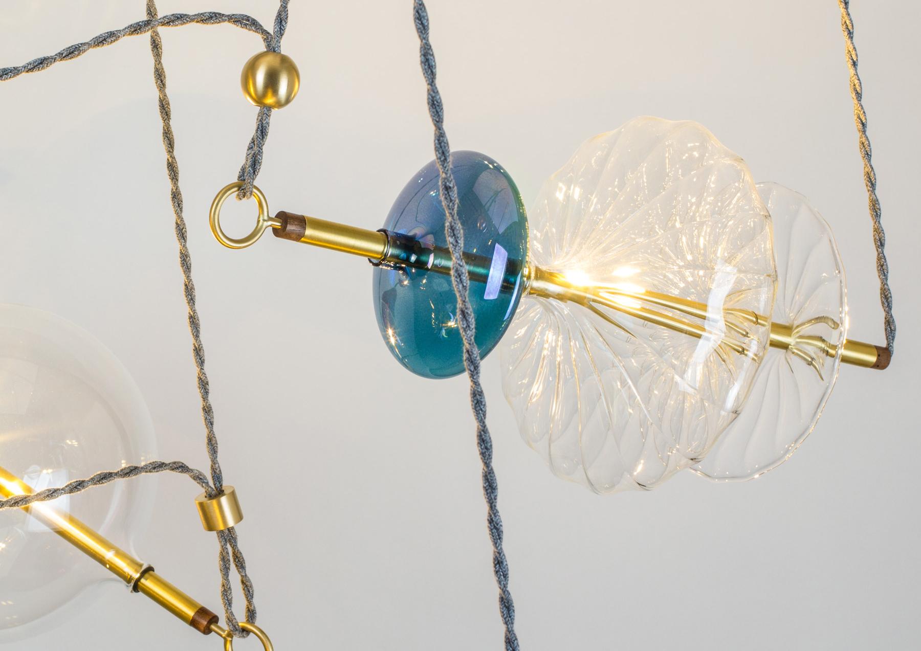 Hand-Crafted Trapezi Four Lights Pendant/Chandelier Polished Brass Colorful Handblown Glass