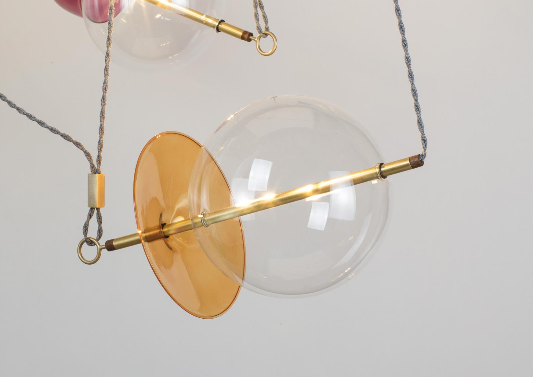 Contemporary Trapezi Four Lights Pendant/Chandelier Polished Brass Colorful Handblown Glass
