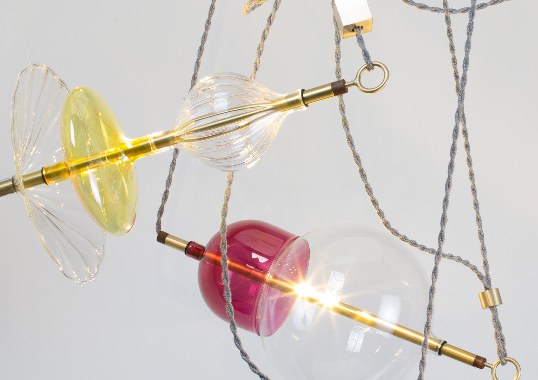 Leather Trapezi Four Lights Pendant/Chandelier Polished Brass Colorful Handblown Glass