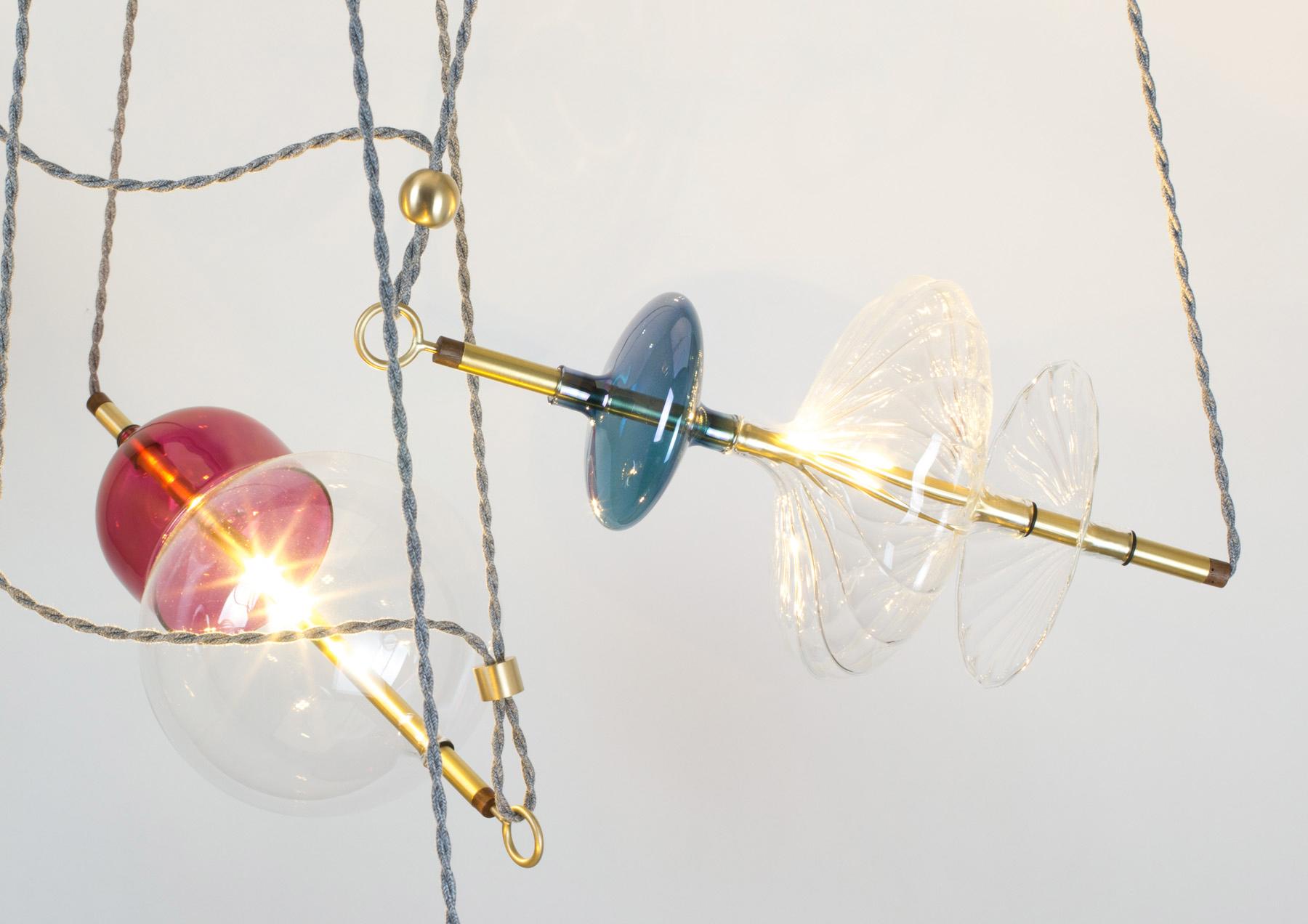 Trapezi Four Lights Pendant/Chandelier Polished Brass Colorful Handblown Glass 1