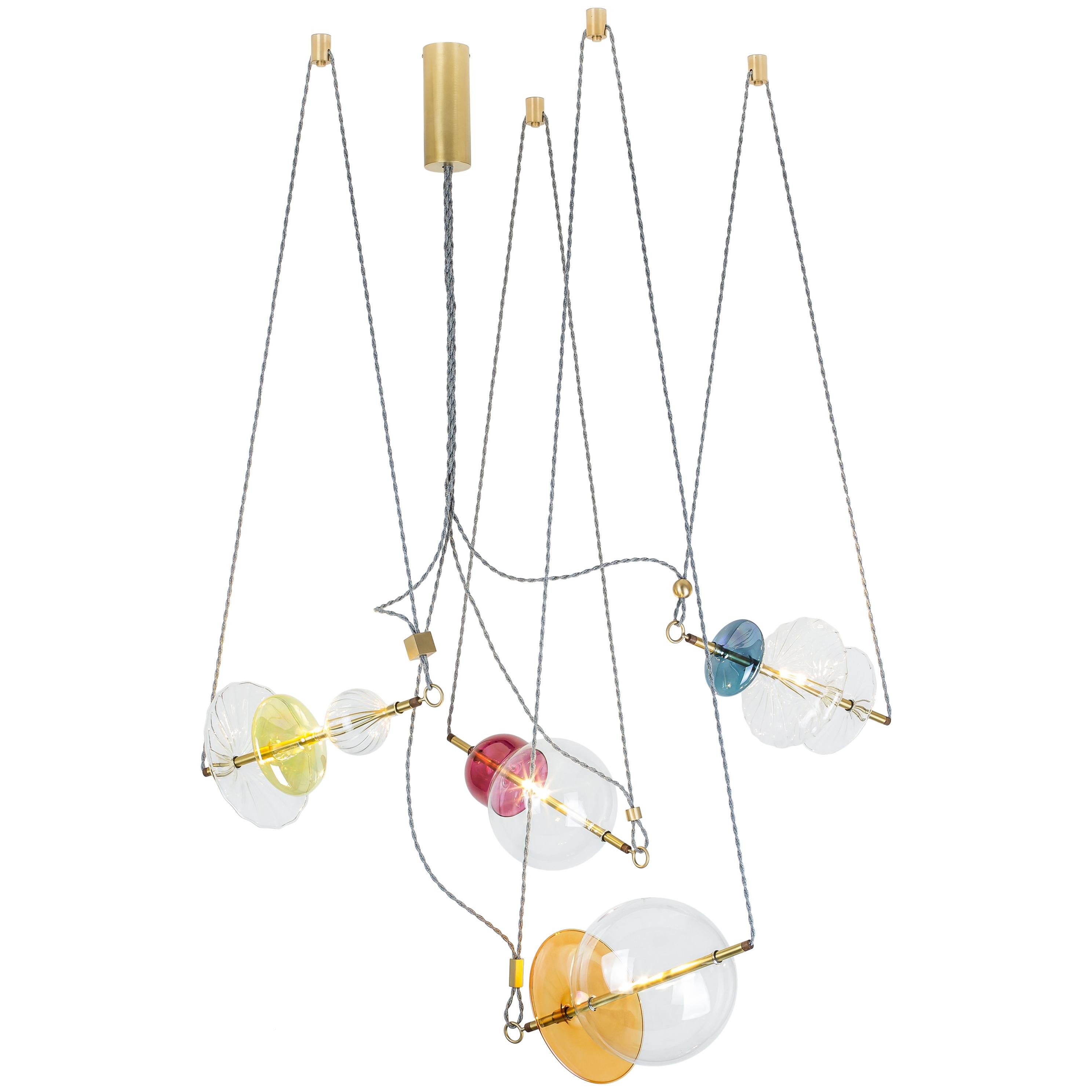 Trapezi Four Lights Pendant/Chandelier Polished Brass Colorful Handblown Glass