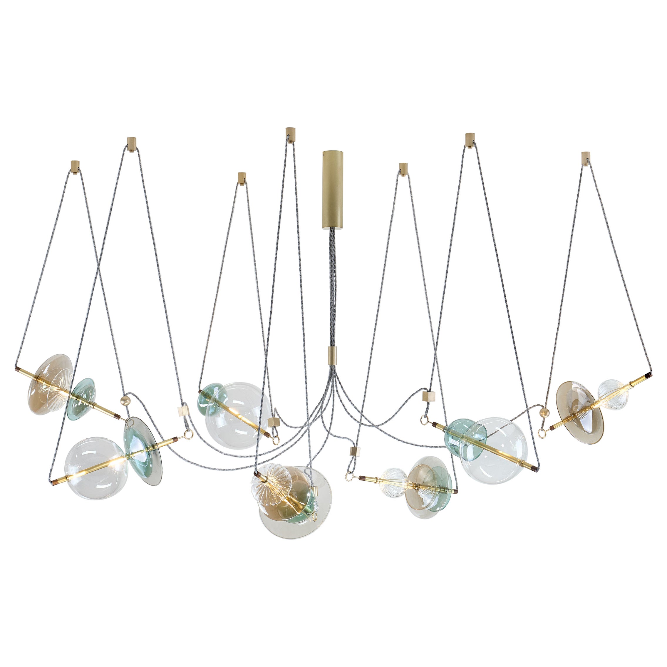 Trapezi Seven Lights Chandelier in Brass, Murano Glass, LED Dimmable