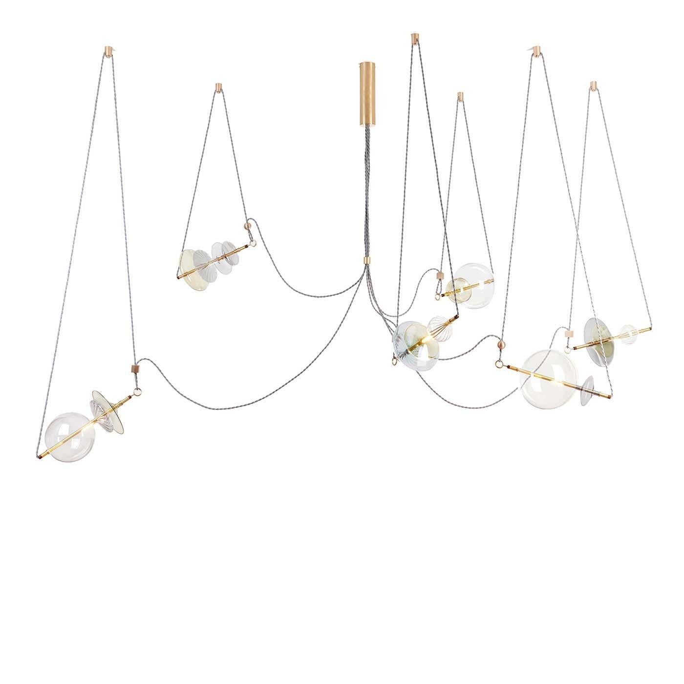 Brass Trapezi Six Lights Chandelier Neutral Shades by Silvio Mondino Studio For Sale