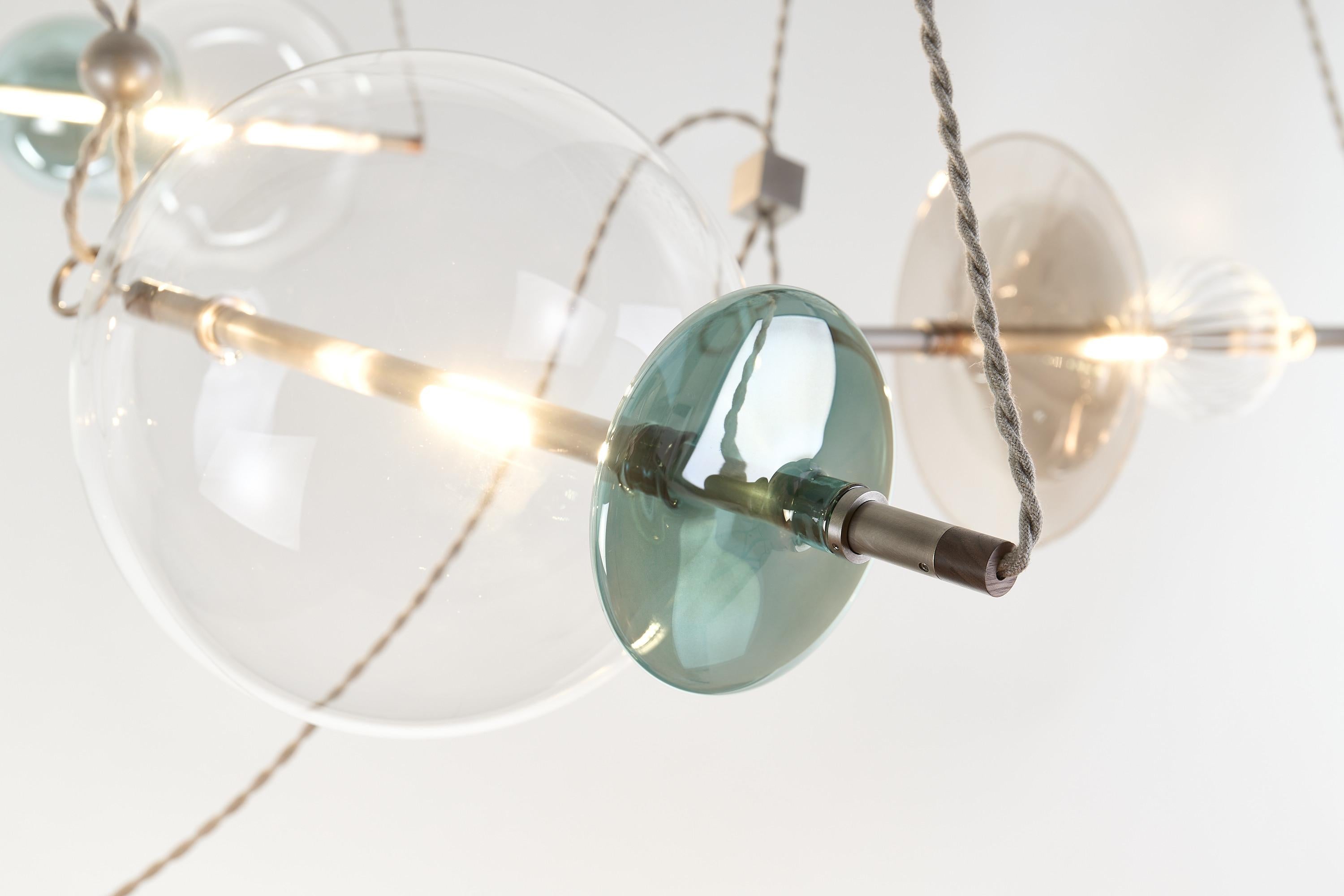 Modern Trapezi Six Lights Contemporary Chandelier Tarnished Silver finish, Blown Glass For Sale