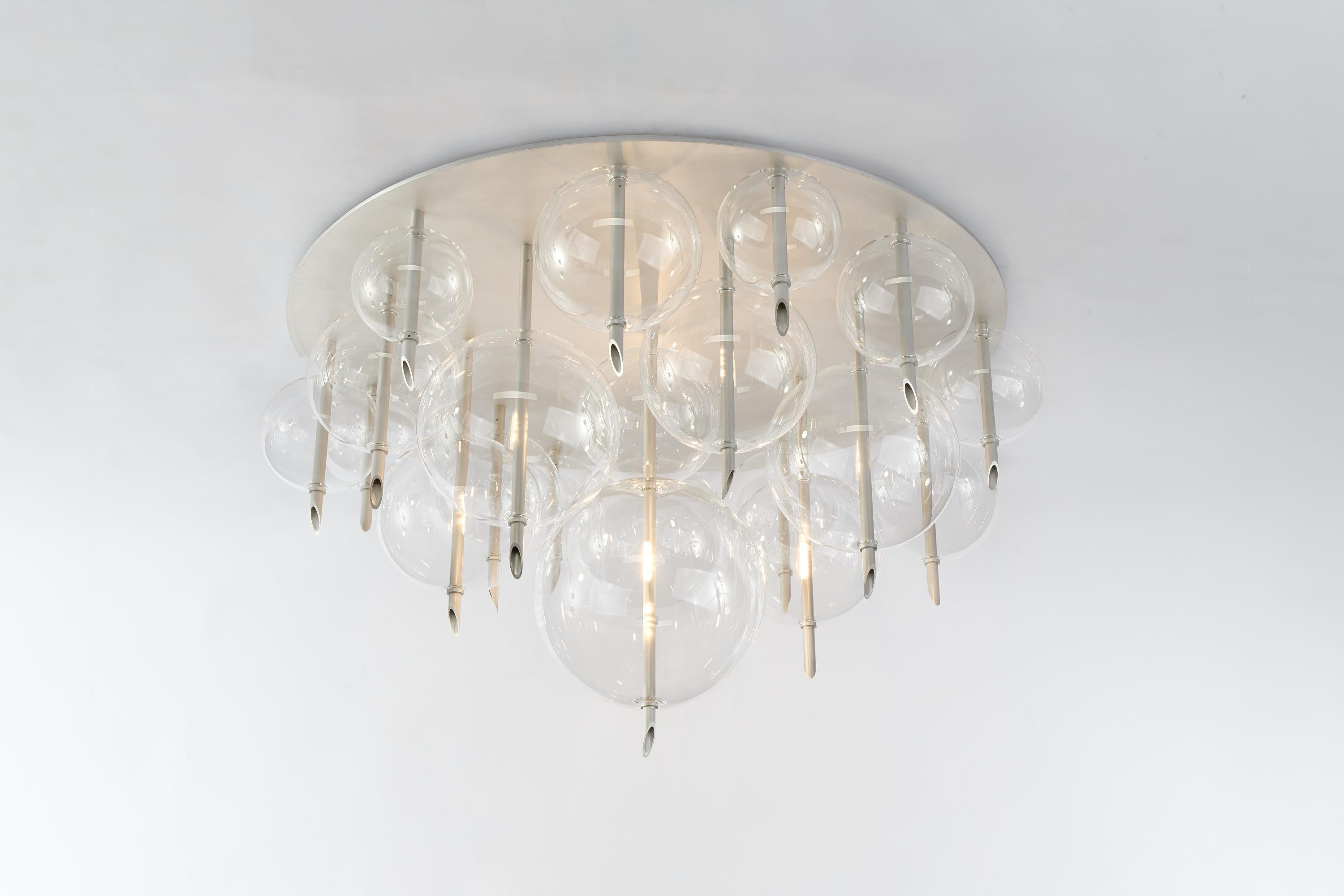 Modern Planetes S-19 Contemporary Chandelier Satin Silver finish, Blown Glass, Dimmable For Sale
