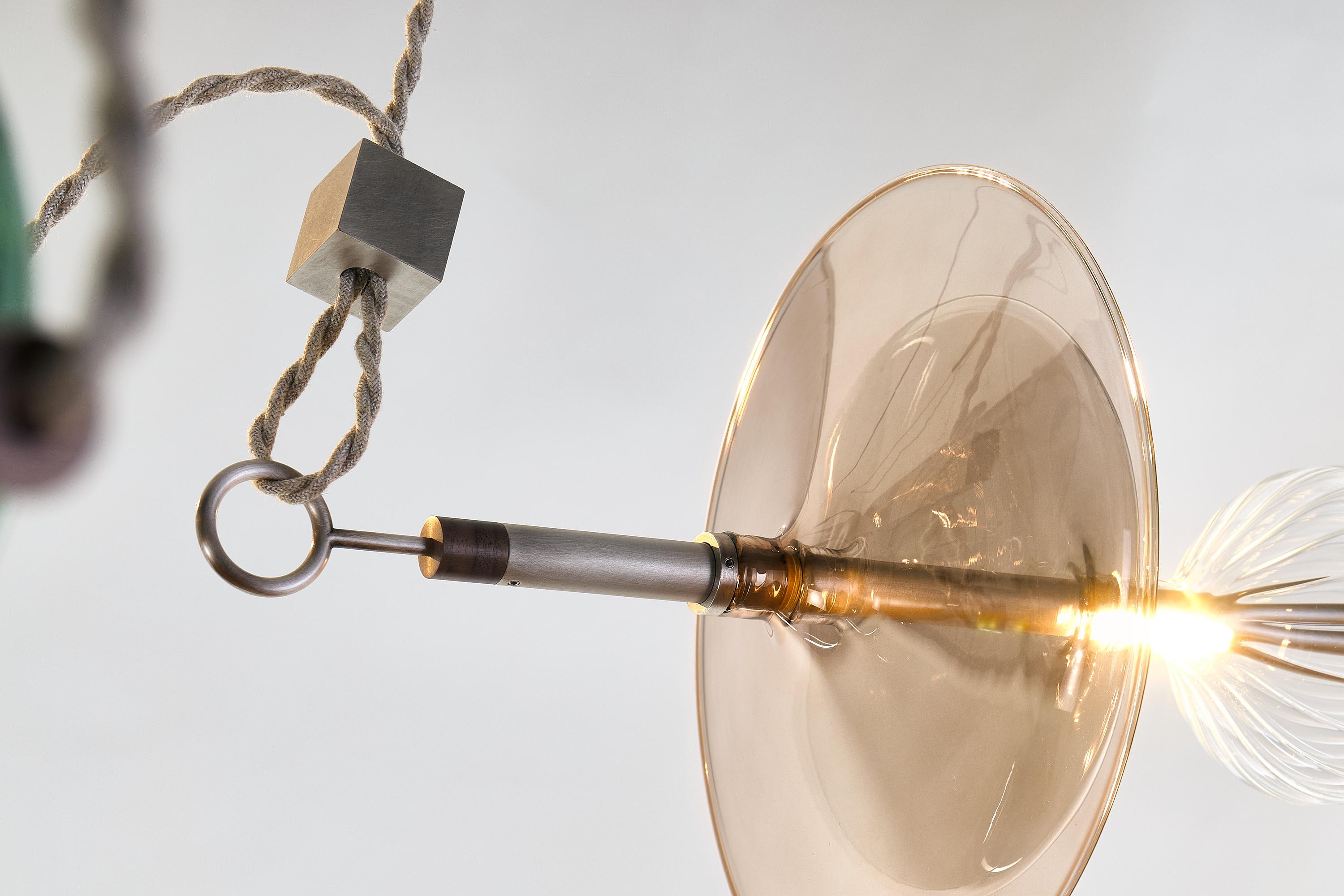 Italian Trapezi Six Lights Contemporary Chandelier Tarnished Silver finish, Blown Glass For Sale