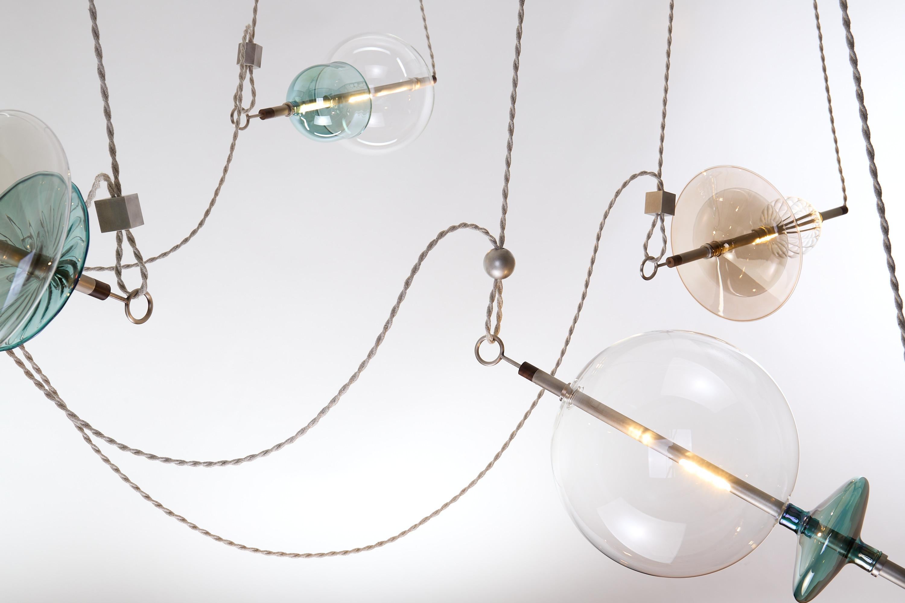 Hand-Crafted Trapezi Six Lights Contemporary Chandelier Tarnished Silver finish, Blown Glass For Sale