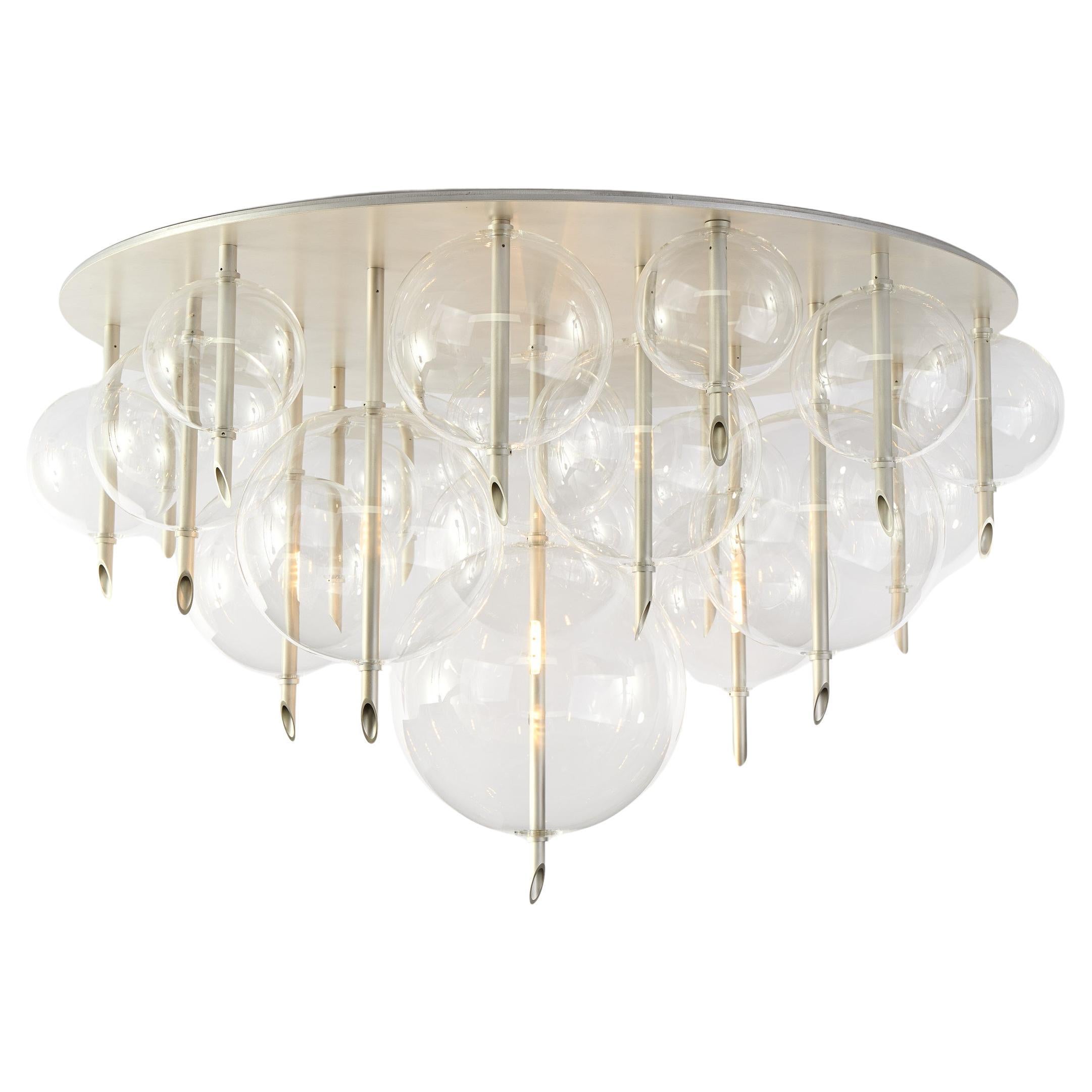 Planetes S-19 Contemporary Chandelier Satin Silver finish, Blown Glass, Dimmable For Sale