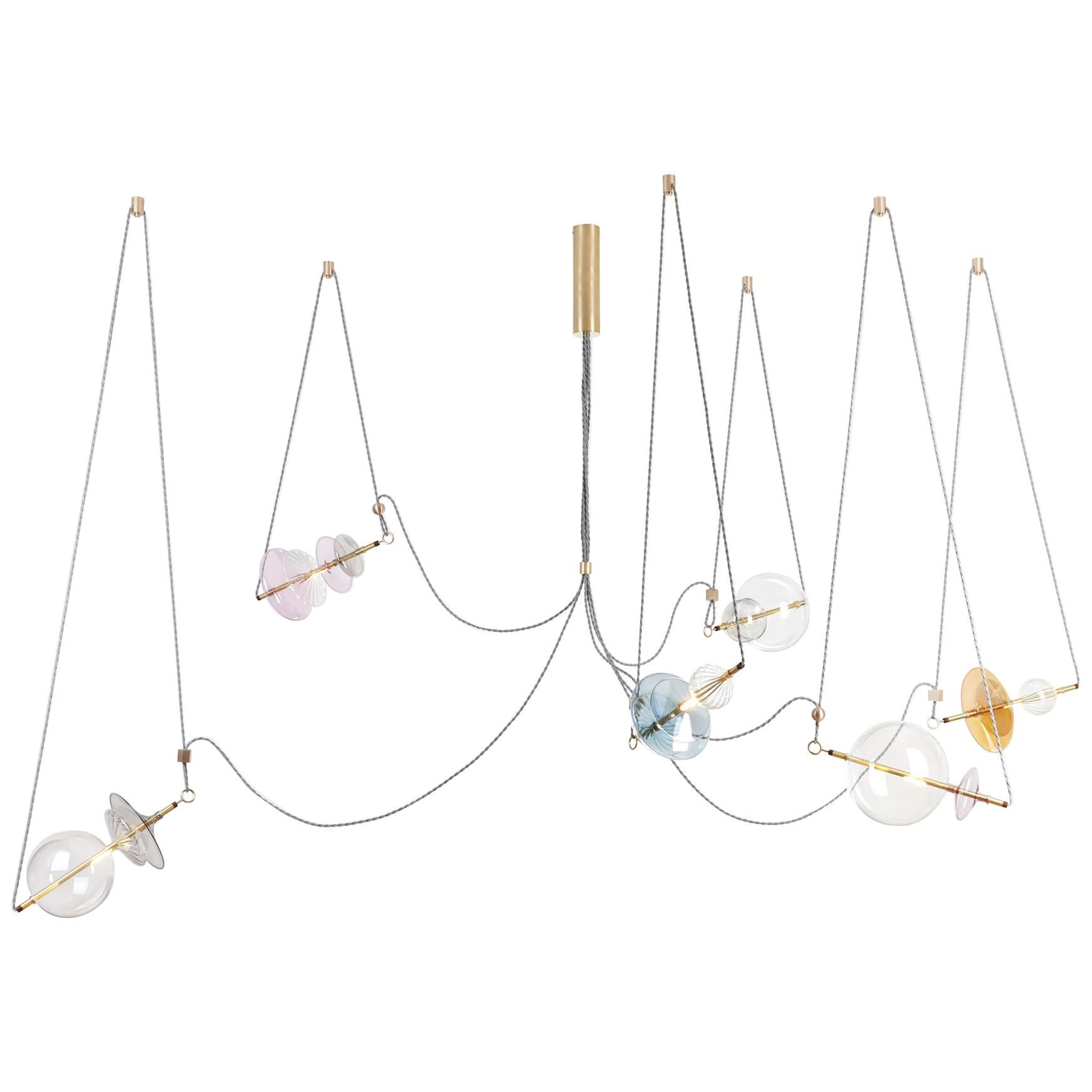 Trapezi Six Lights Bright Colors Contemporary Pendant/Chandelier Brass, Glass