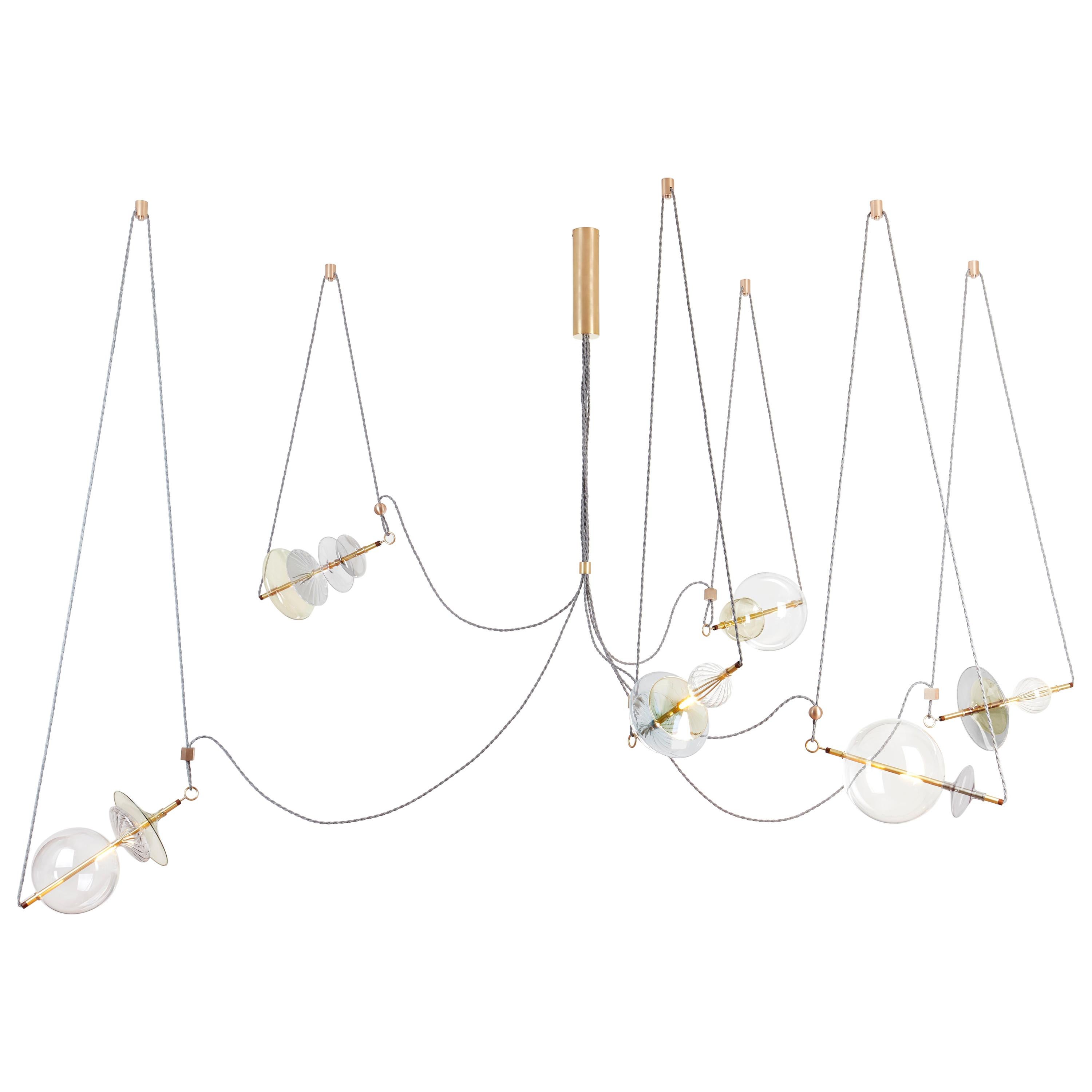 Trapezi Six Lights Neutral Shades Contemporary Pendant/Chandelier Brass, Glass For Sale